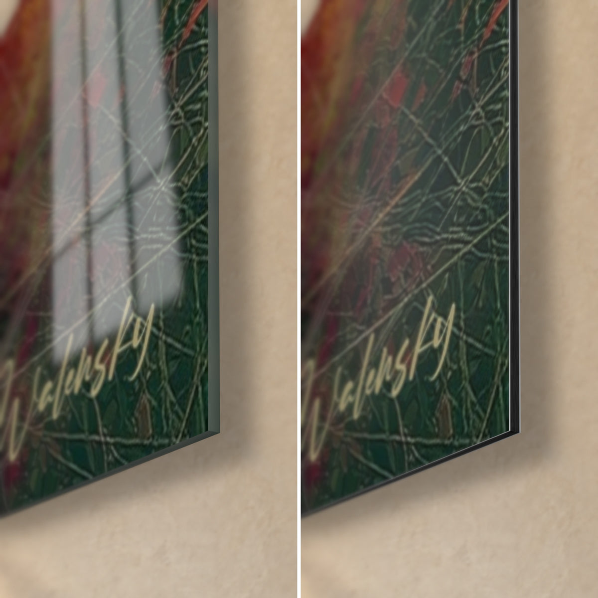 Wall art shark in green and ochre, bottom right corner: glossy acrylic glass on the left, matte Dibond aluminium on the right, 3 mm edge visible