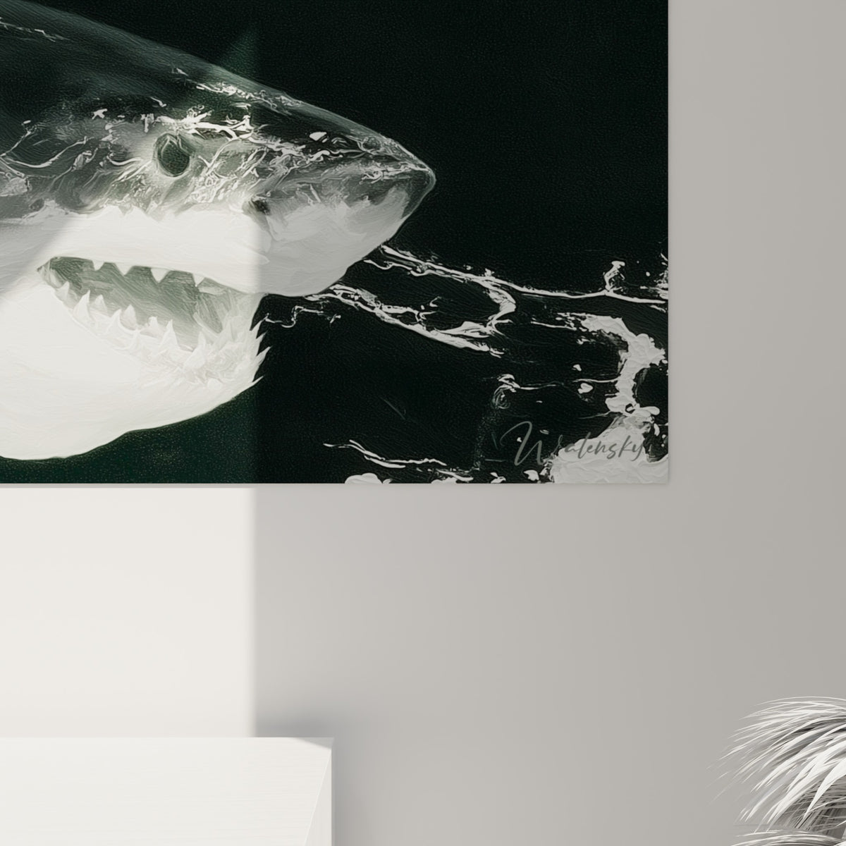 Empâtements blancs et coulures anthracite formant l'écume marine du requin en gros plan matière