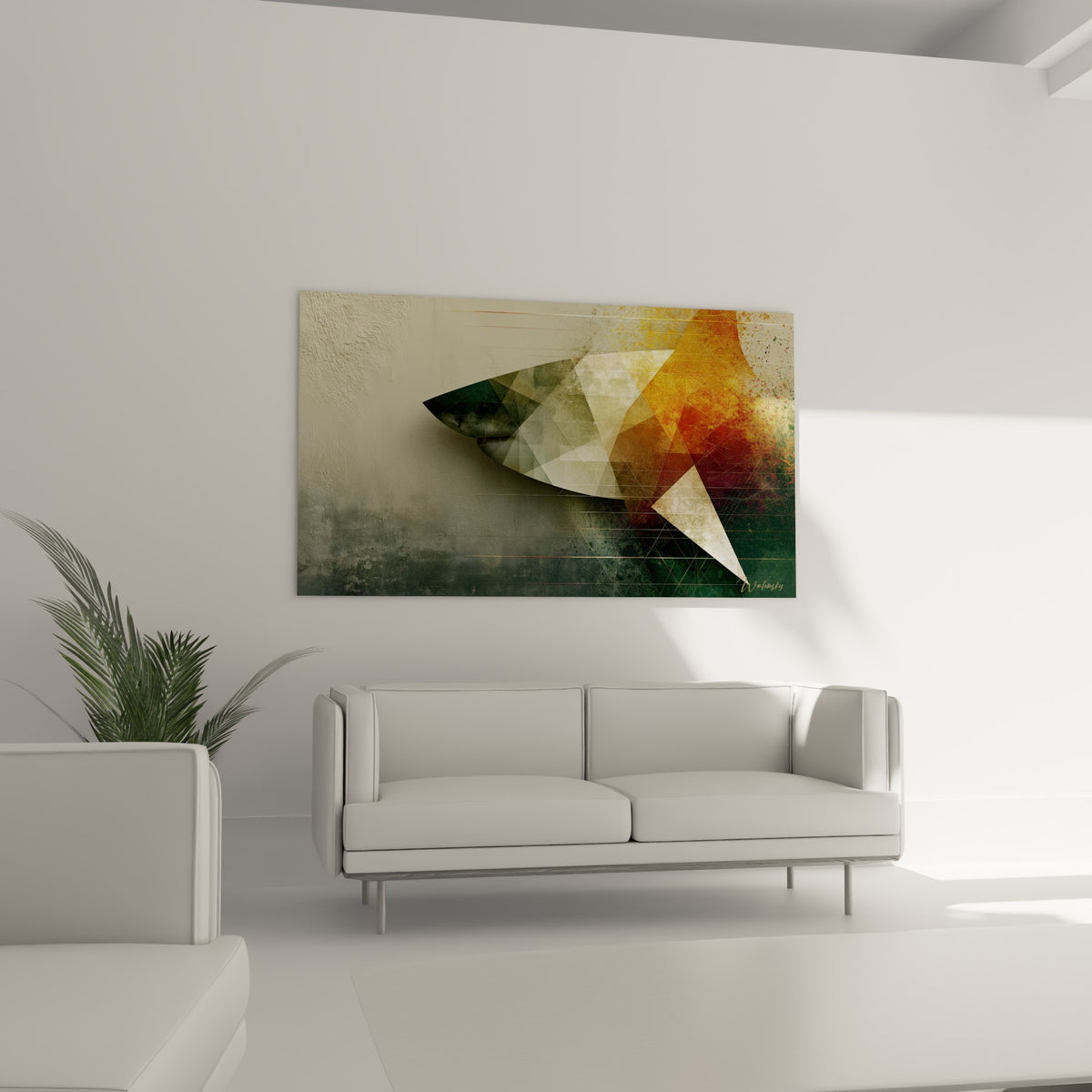Requin fractionné en triangles dorés et verts placé au-dessus d'un canapé dans un salon lumineux