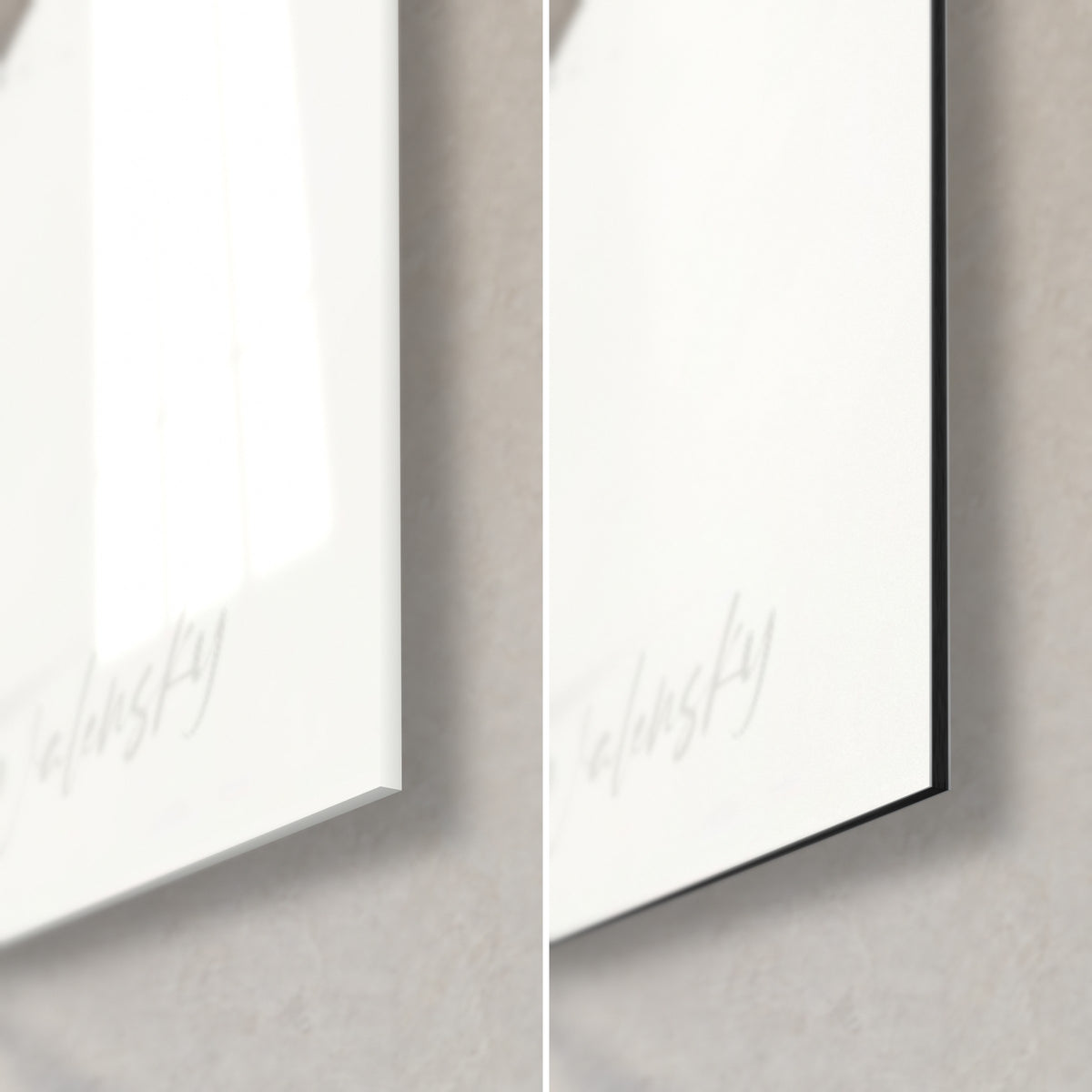 Schilderij blauwe en witte haai, rechtsonder: signatuur Walensky, glanzend glas links, mat zwart Dibond rechts