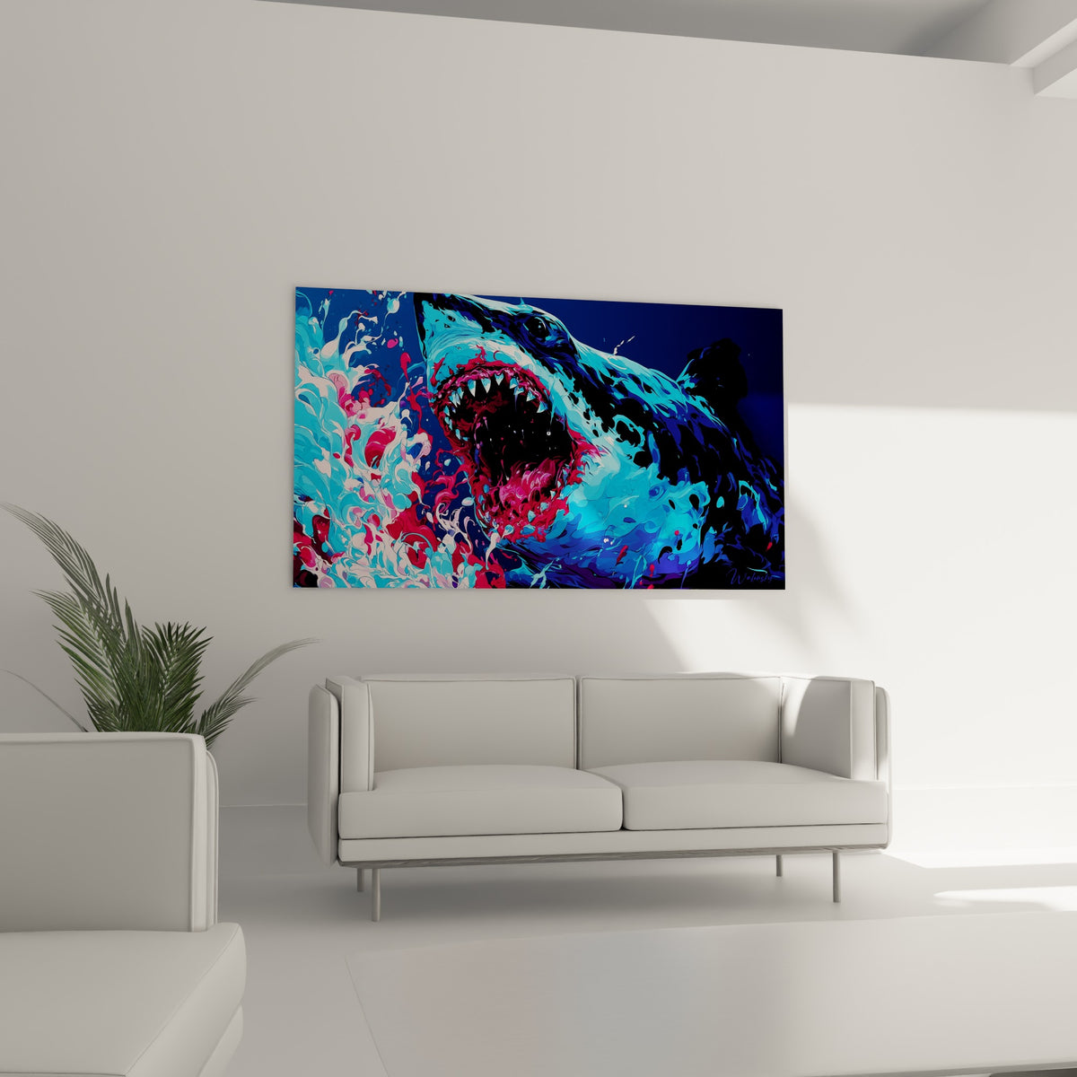 Requin turquoise et fuchsia jaillissant de l'eau, au-dessus d'un canapé dans un salon lumineux
