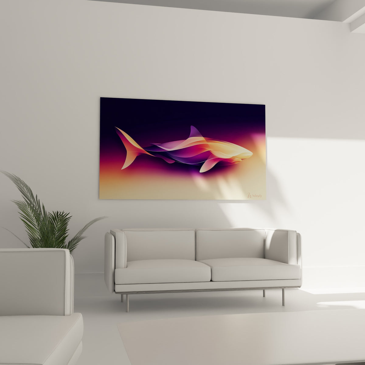 Formes fluides du requin pourpre et ambré au-dessus d'un canapé dans un salon lumineux