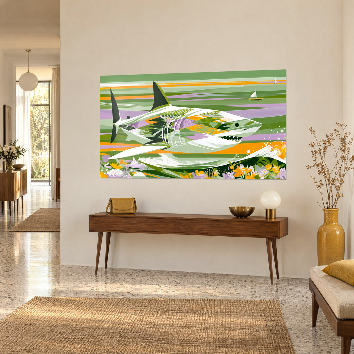 Tableau squale aux écailles en facettes vertes et mauves, voilier blanc à l'horizon, sur un mur beige au-dessus d'une console en bois