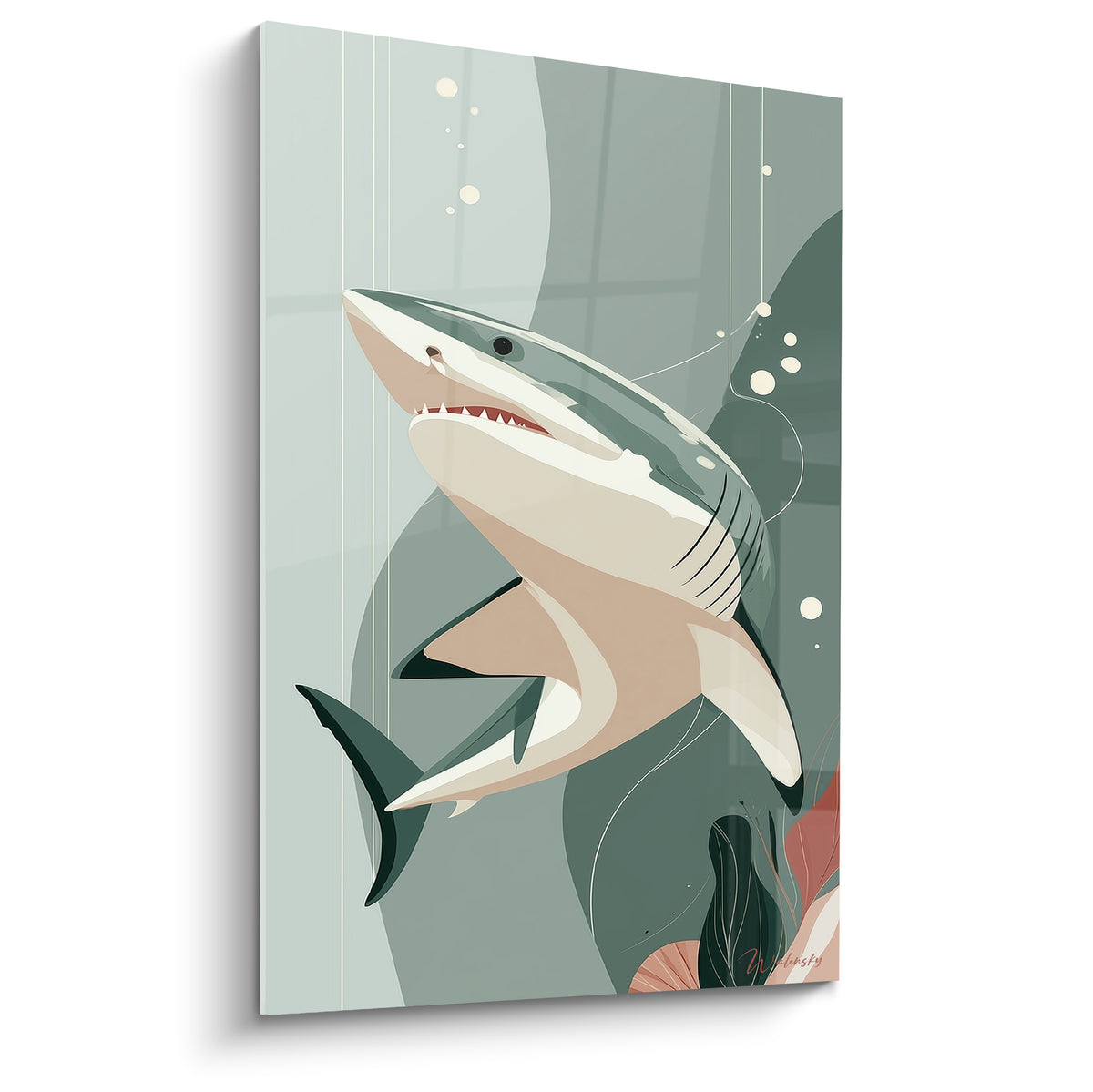 Requin vert sauge et beige sableux nageant vers la surface, gueule entrouverte, style graphique épuré