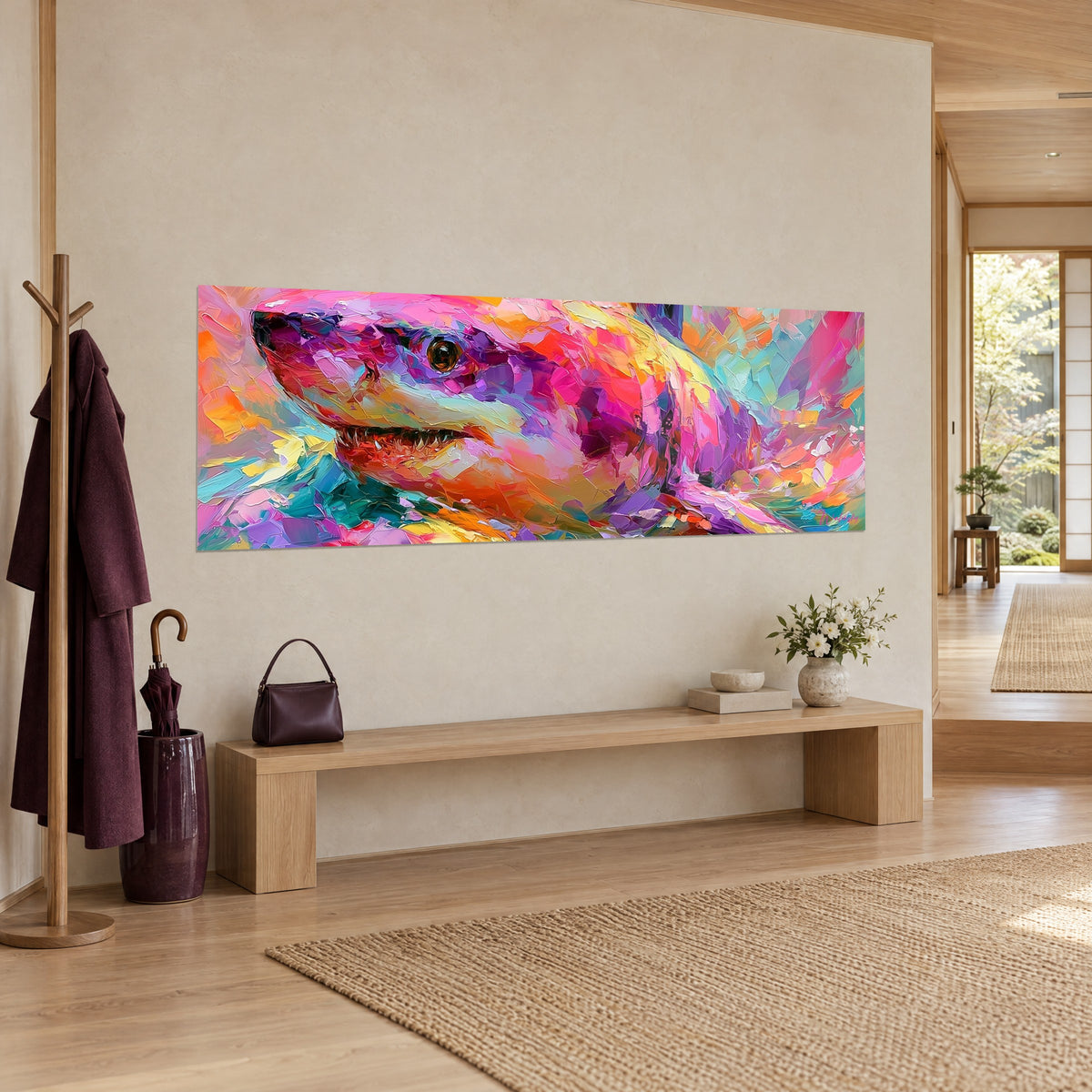 Gemälde Schwarzhai in Goldbraun mit violetten und orangefarbenen Tupfern, dunkles Auge; beige Wand, Holzbank, Japandi-Eingang