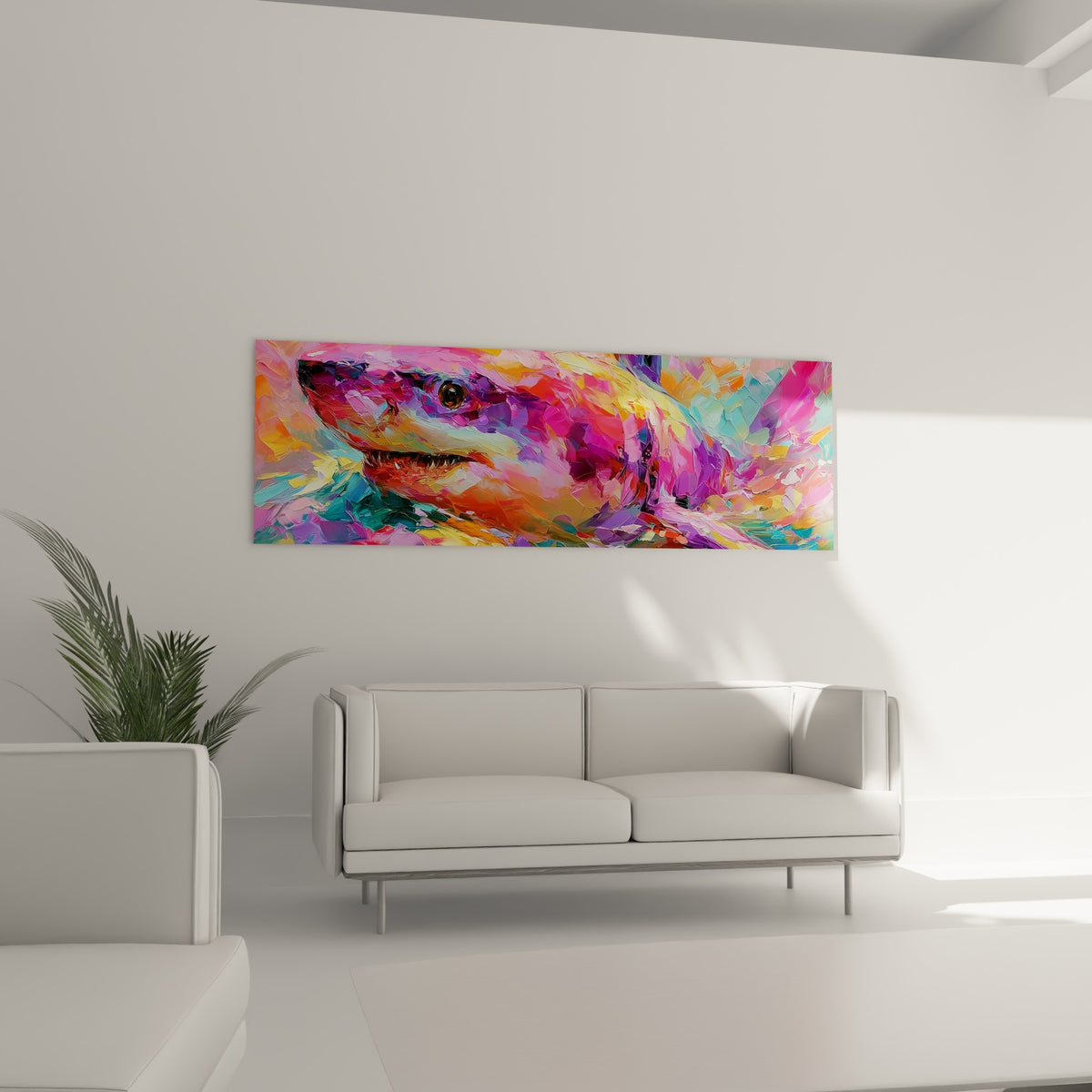 Requin violet et turquoise en larges touches de peinture, suspendu au-dessus d'un canapé dans un salon lumineux