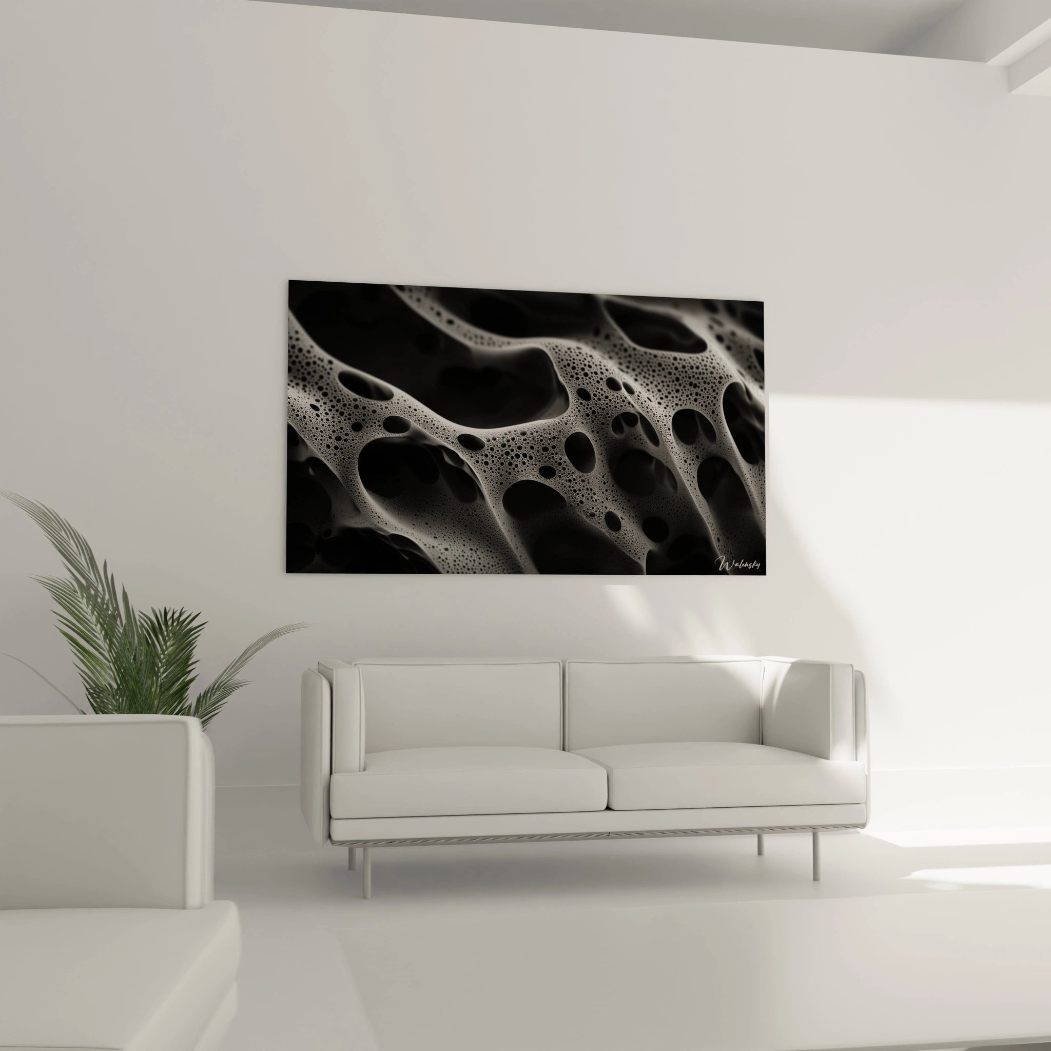 Une œuvre texturée abstraite en noir et blanc, avec des perforations irrégulières, des contours fluides, et des effets de lumière qui accentuent la profondeur et le mouvement.