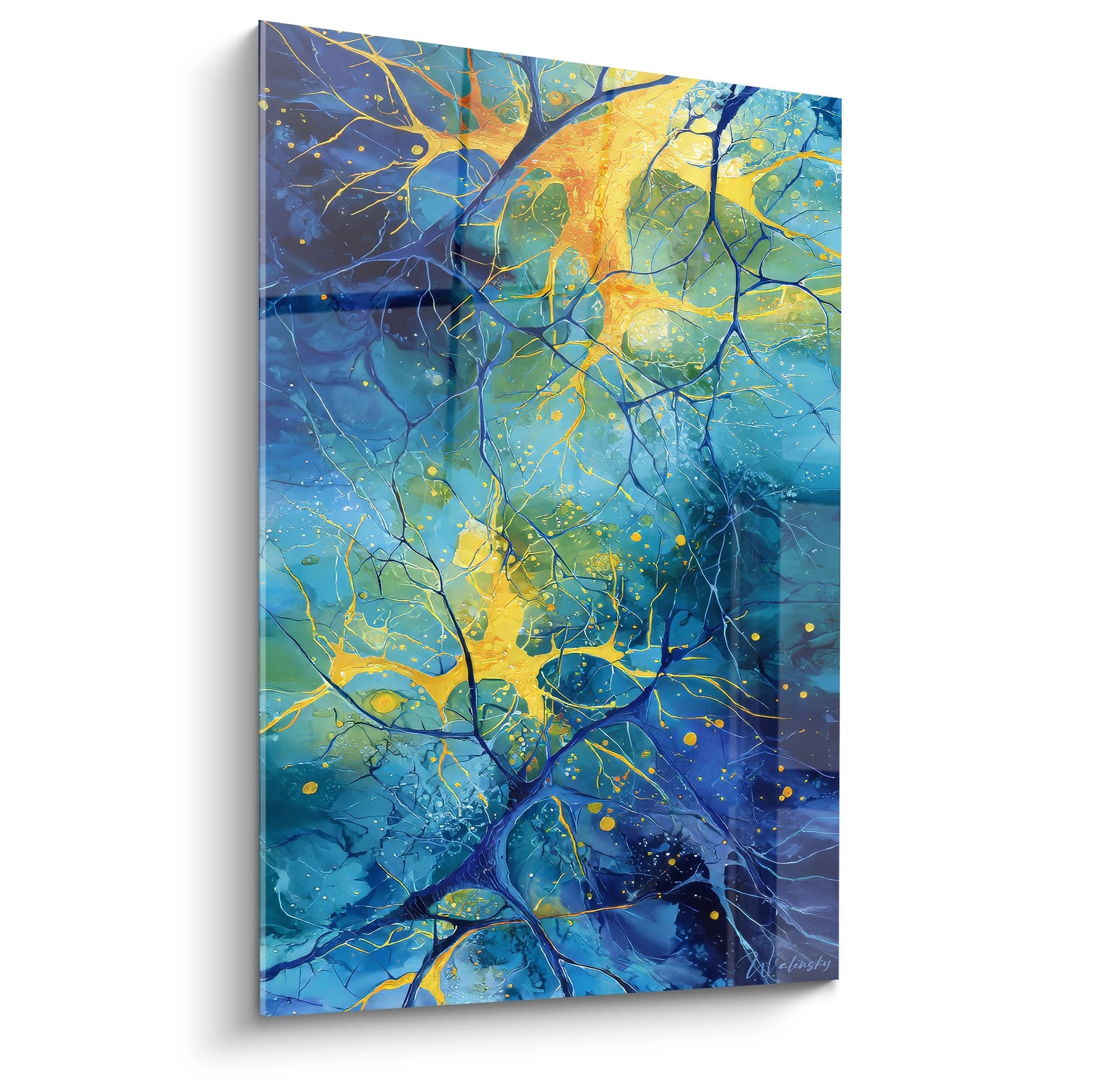 Tableau mural réseau neuronal abstrait avec connexions dorées sur fond bleu représentant synapses cérébrales