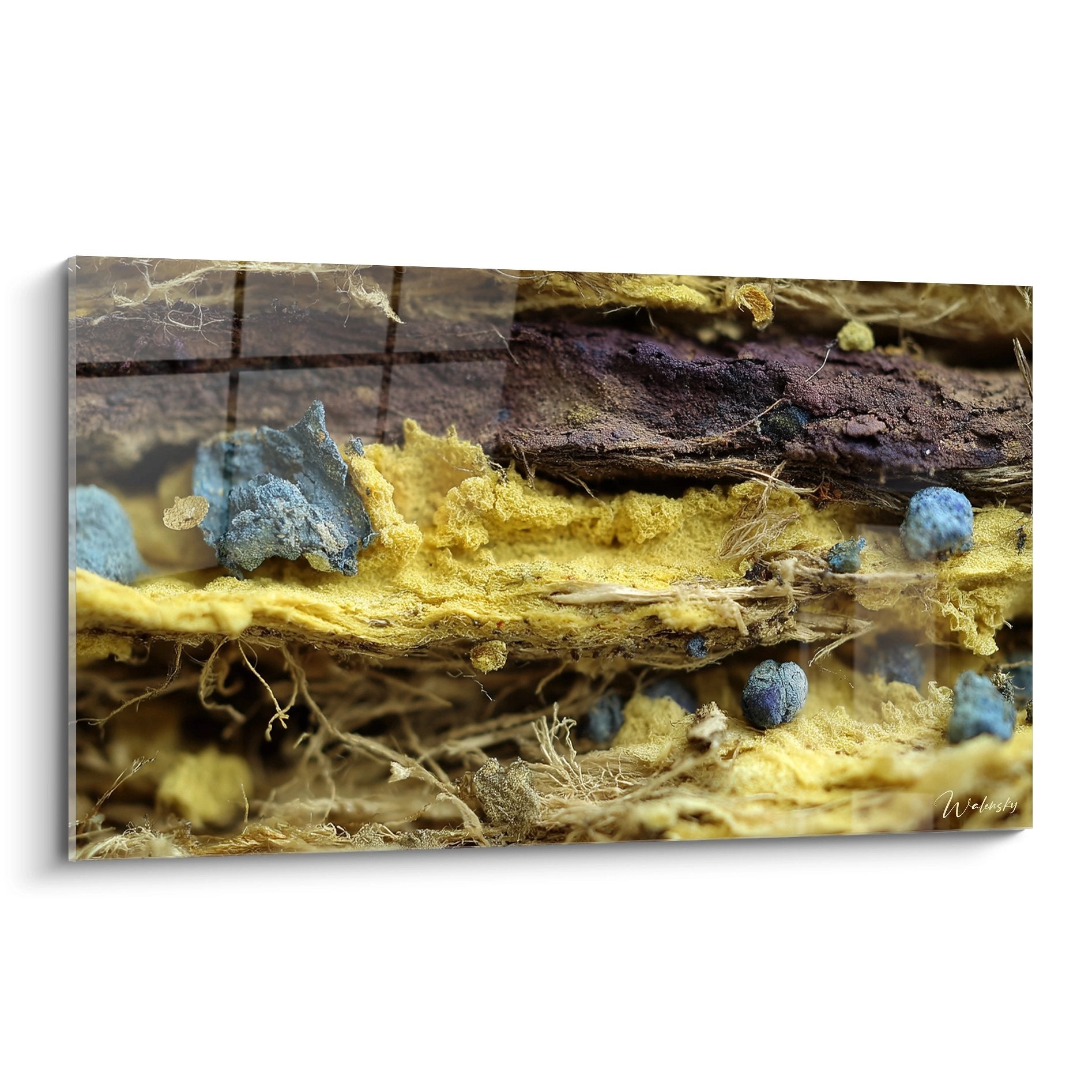 Tableau mural réseau synaptique collage structures organiques microscopiques jaunes bleus violets