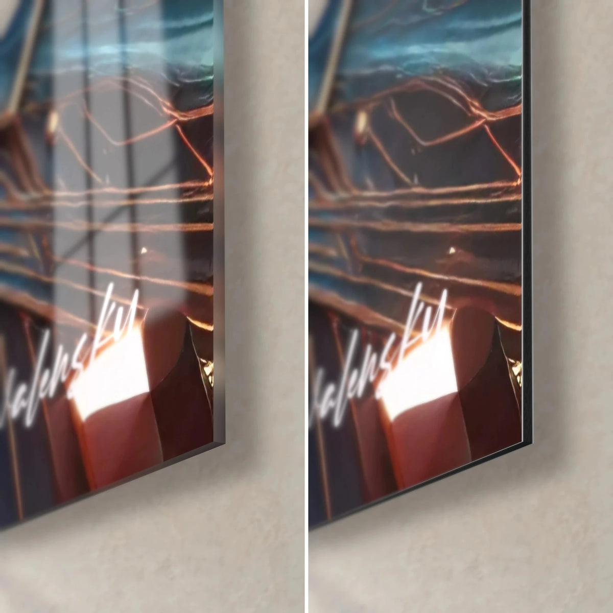Wall art turquoise and rose copper hexagonal crystals, bottom right corner, glossy glass on the left, matte Dibond on the right, 3 mm edge