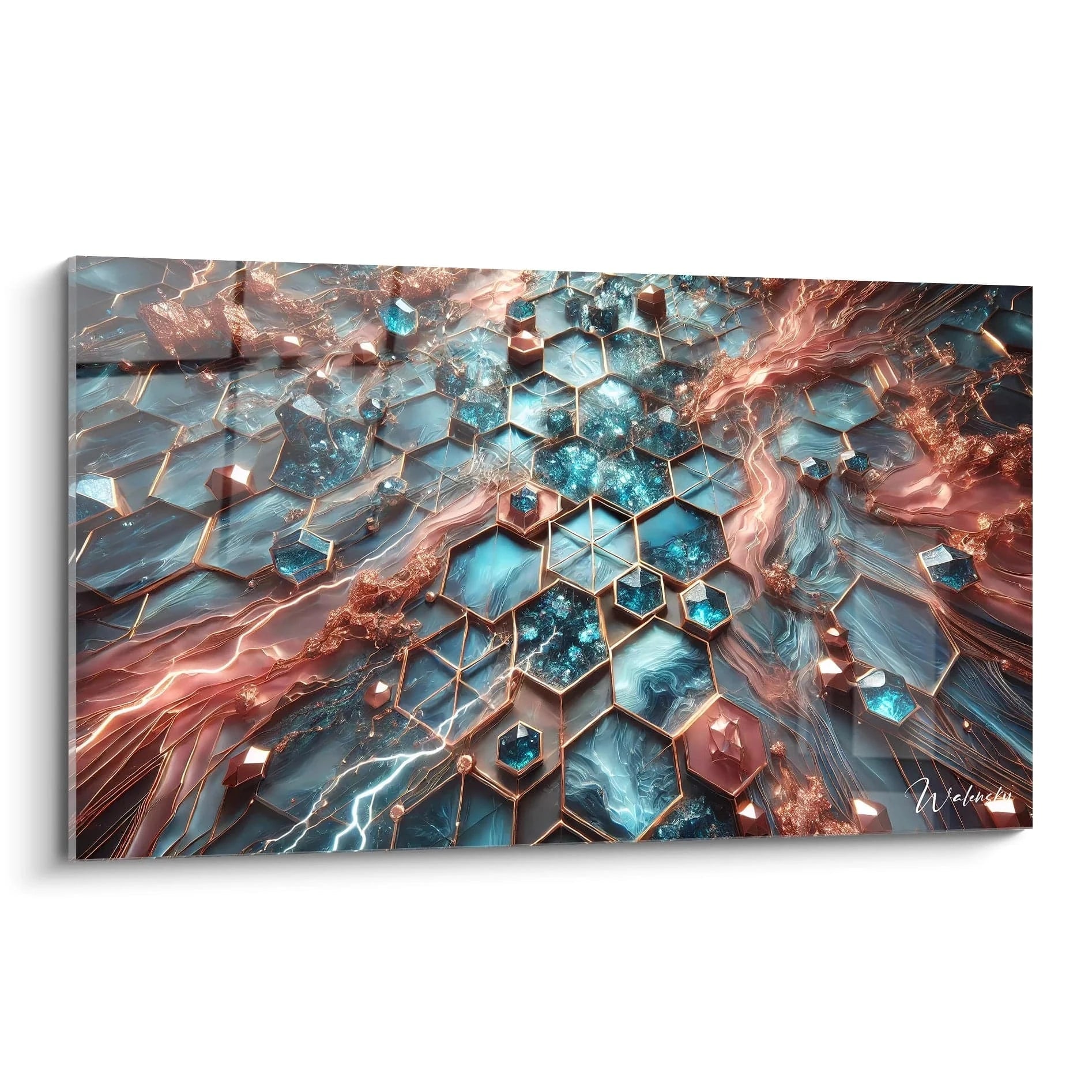 Tableau style epoxy avec des formes géométriques entrelacées dans des nuances de bleu, or rose et argent. Des lignes fluides et des hexagones créent une illusion de mouvement, comme un cristal en formation.