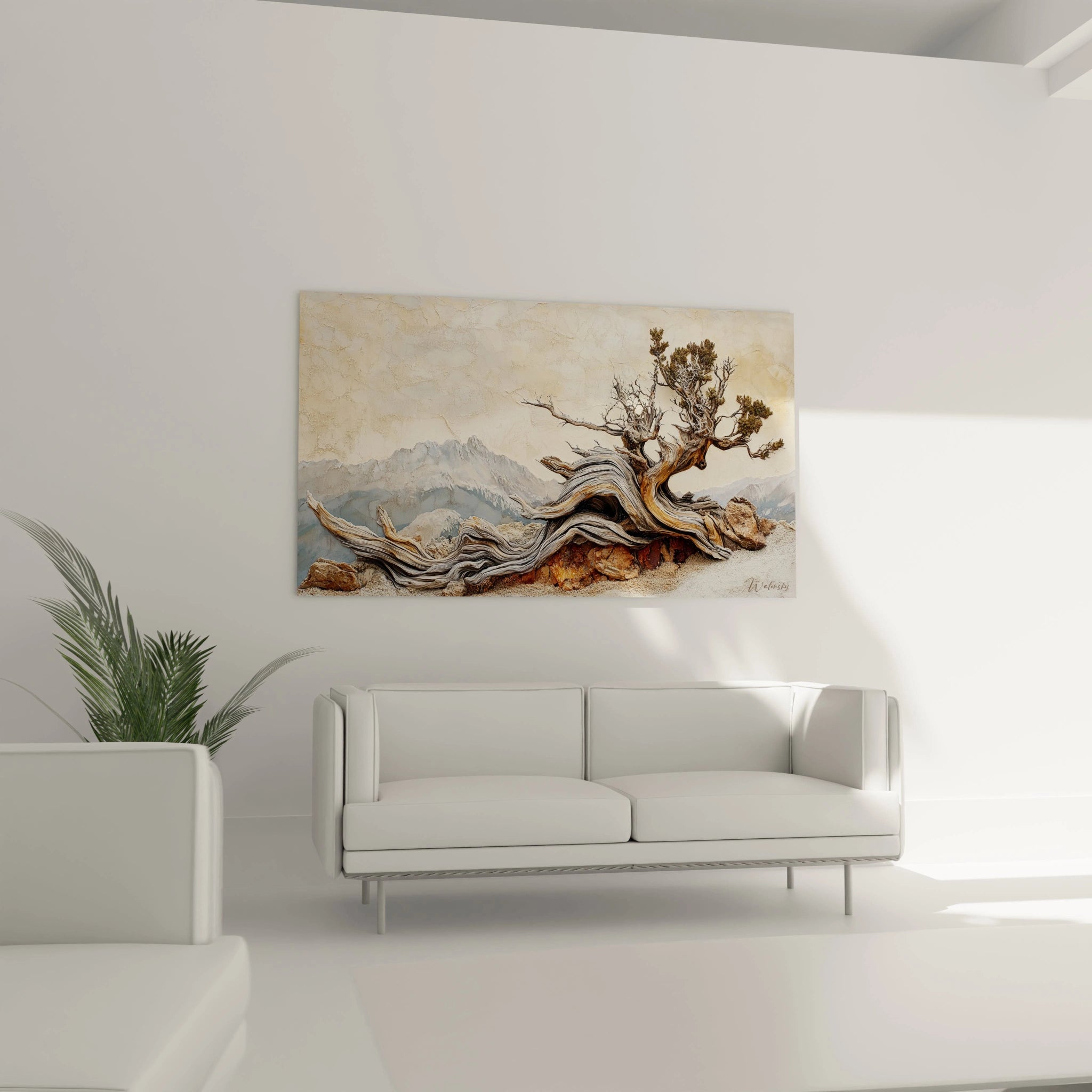 Un tableau arbre montagnard capturant un genévrier centenaire aux branches noueuses et au bois patiné, présentant des textures en relief et des fibres ondulées de couleurs marron et grise, contrastant avec des montagnes lointaines et un fond beige texturé.