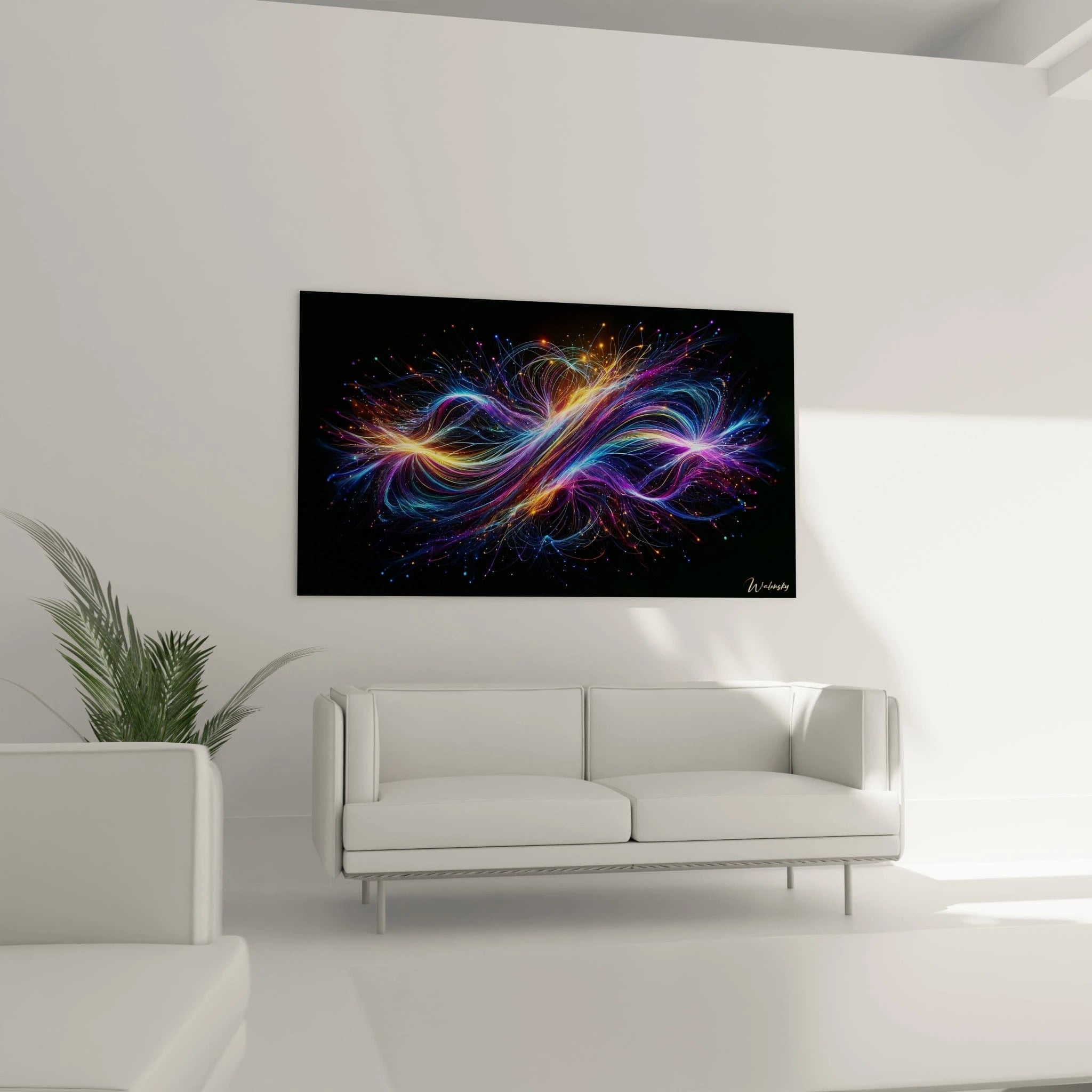 Tableau abstrait montrant un motif d'énergie fluide en boucle. Spectre chromatique de bleu azur, violet, jaune soleil et rose vif parsemé de points scintillants. Effet visuel de trajectoires lumineuses avec lignes courbes convergentes et divergentes. Composition symétrique avec deux nœuds principaux formant une figure rappelant le symbole de l'infini.