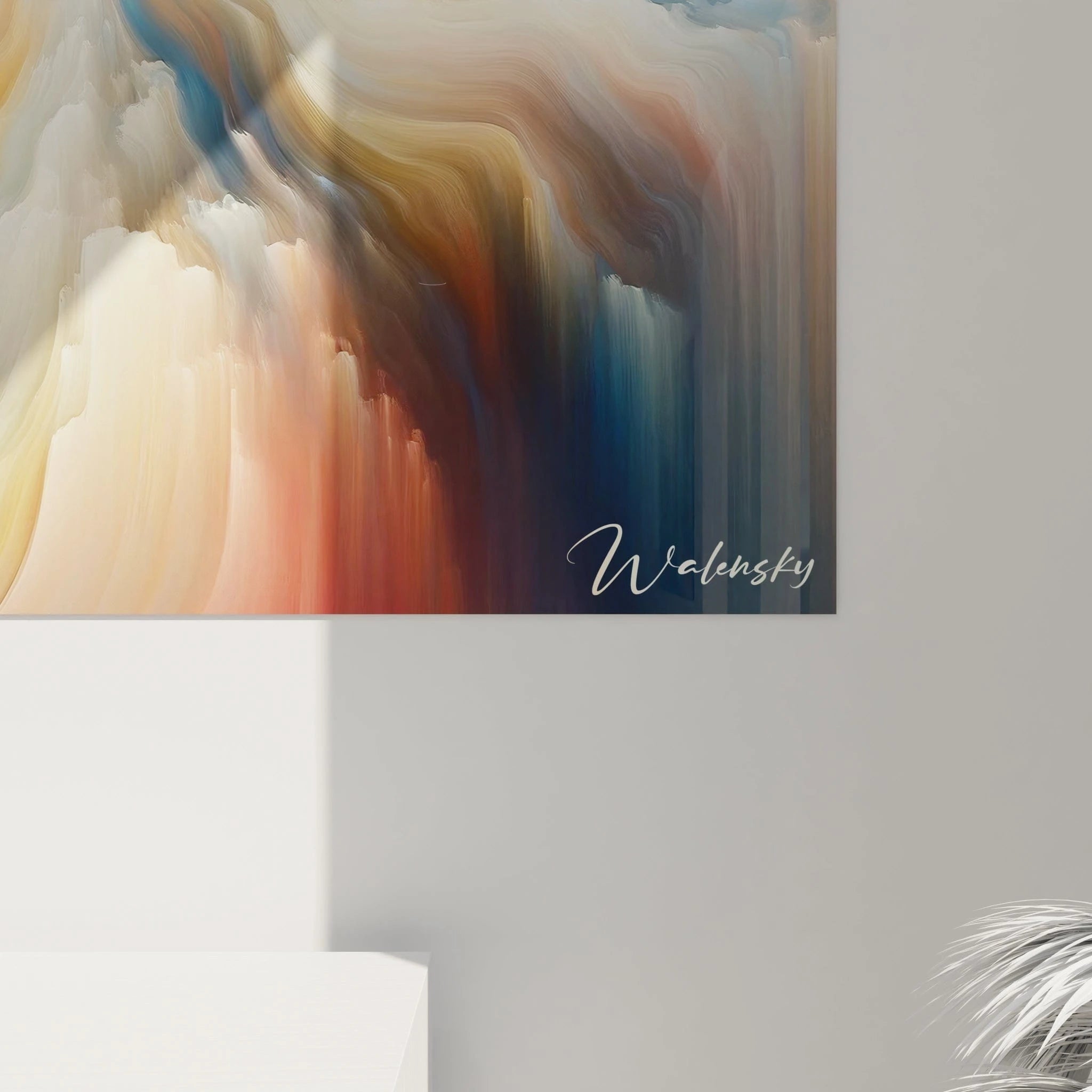 Un tableau abstrait de flux atmosphériques en torsion. Utilise une palette de bleu turquoise, blanc ivoire, jaune ambre et corail tendre. La texture présente des traces colorées qui s'écoulent en mouvements spiralés, évoquant des nuages ou des fluides en mouvement rapide, avec un effet de convergence centrale et de dispersion qui crée une sensation de profondeur et de mouvement perpétuel.