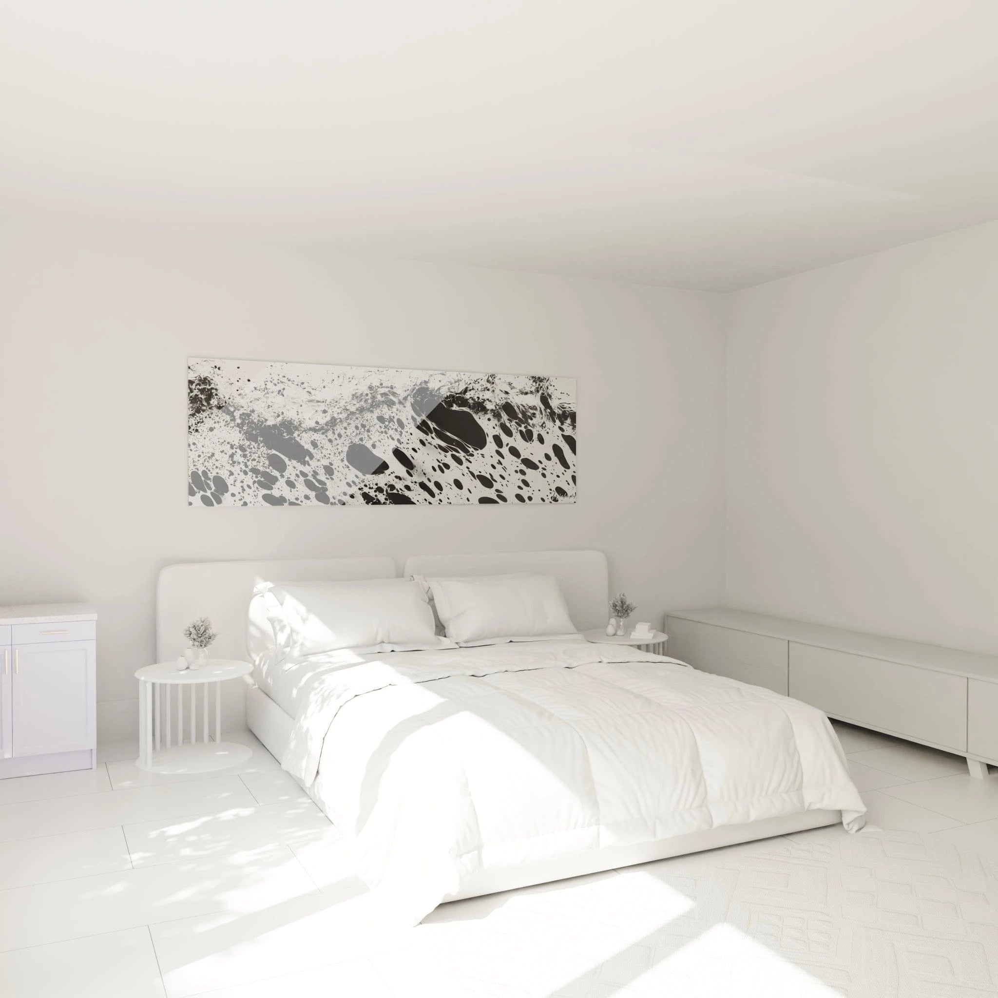 Tableau tacheté noir et blanc Walensky au-dessus d'un lit moderne dans une chambre lumineuse