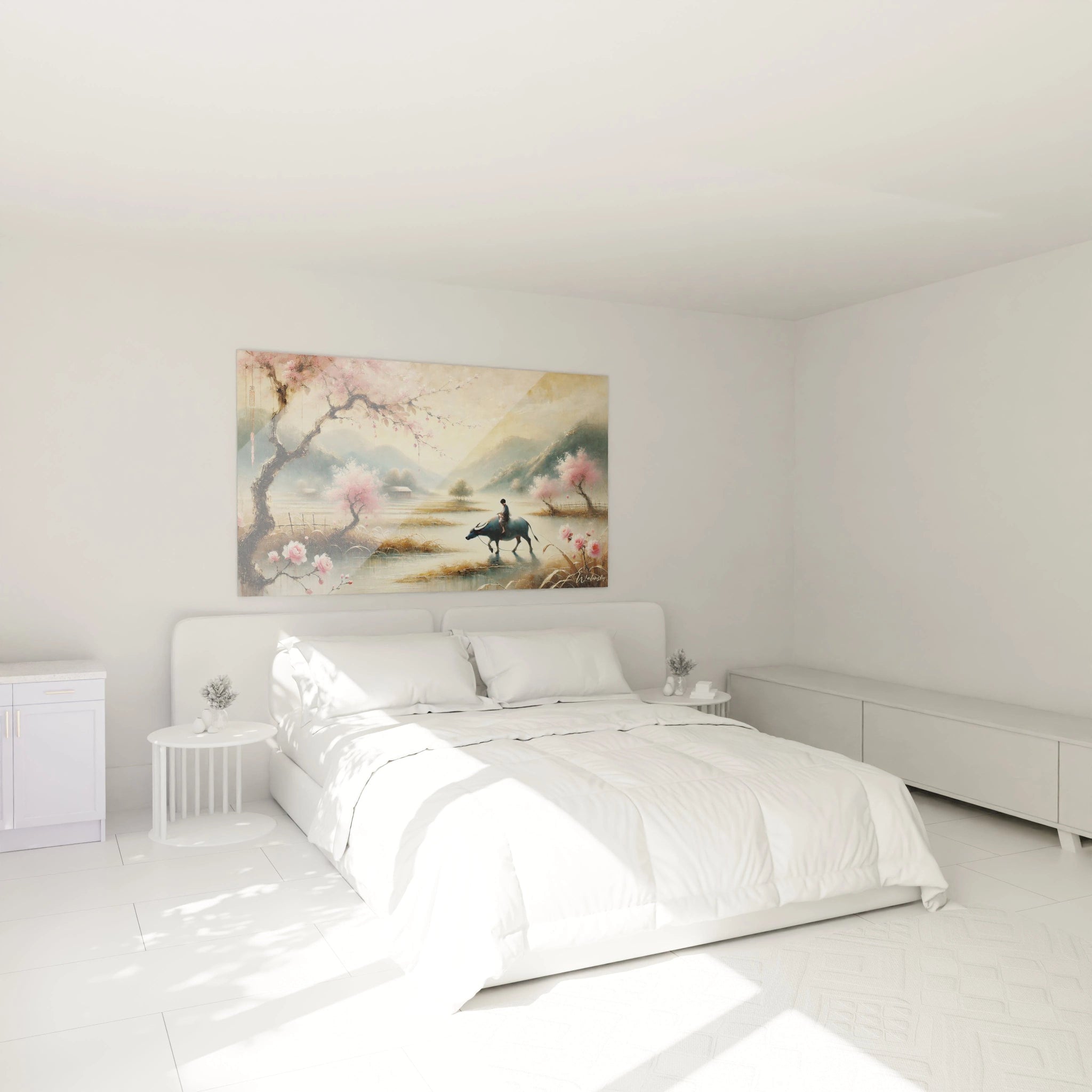 tableau peinture chinoise au-dessus d’un lit dans une chambre calme avec reflets d’eau et tons beiges delicats