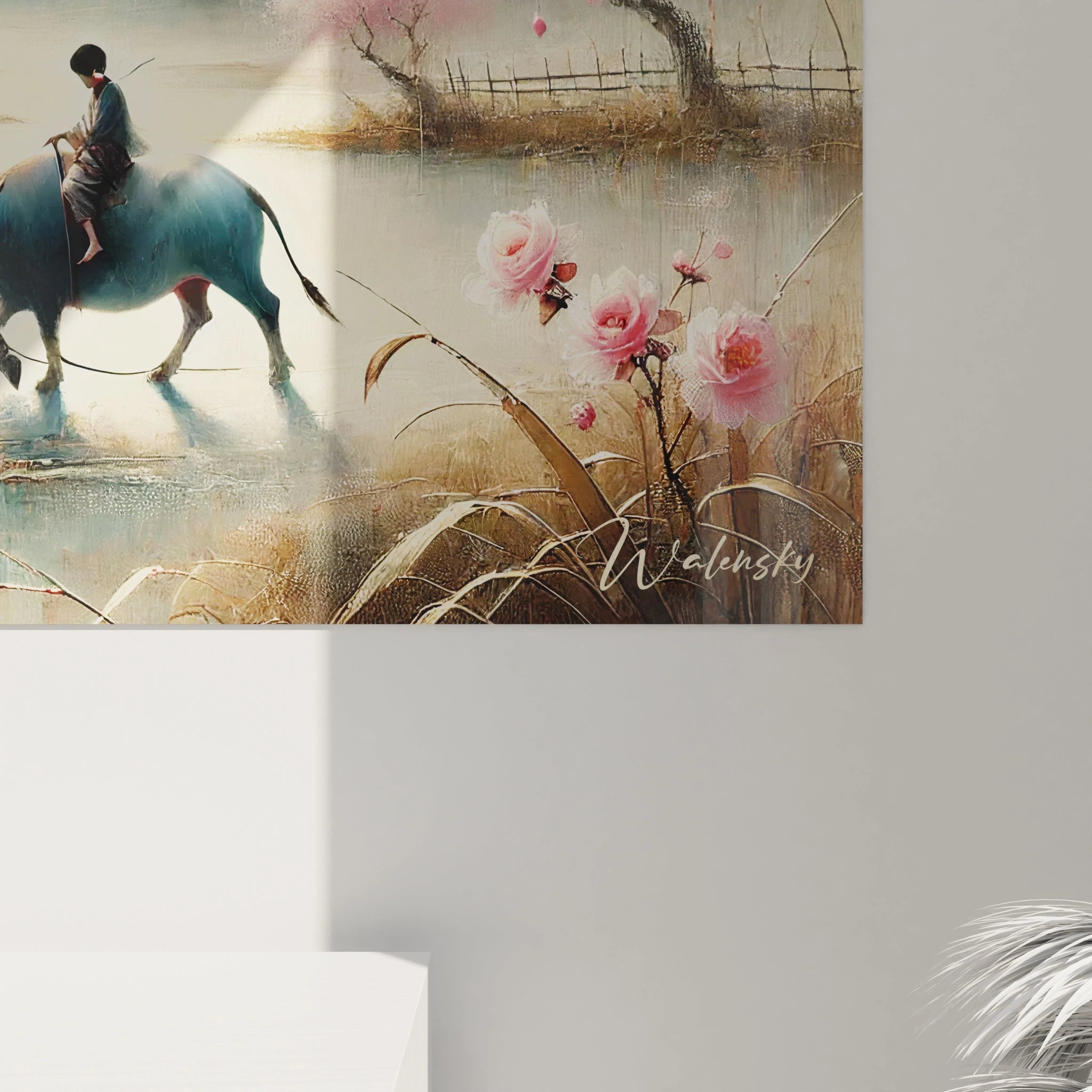 Vue de pres, ce tableau peinture chinoise revele des details exquis: fleurs de cerisier et brume enveloppante qui evoquent l’harmonie et la serenite d’une matinée dans la nature.