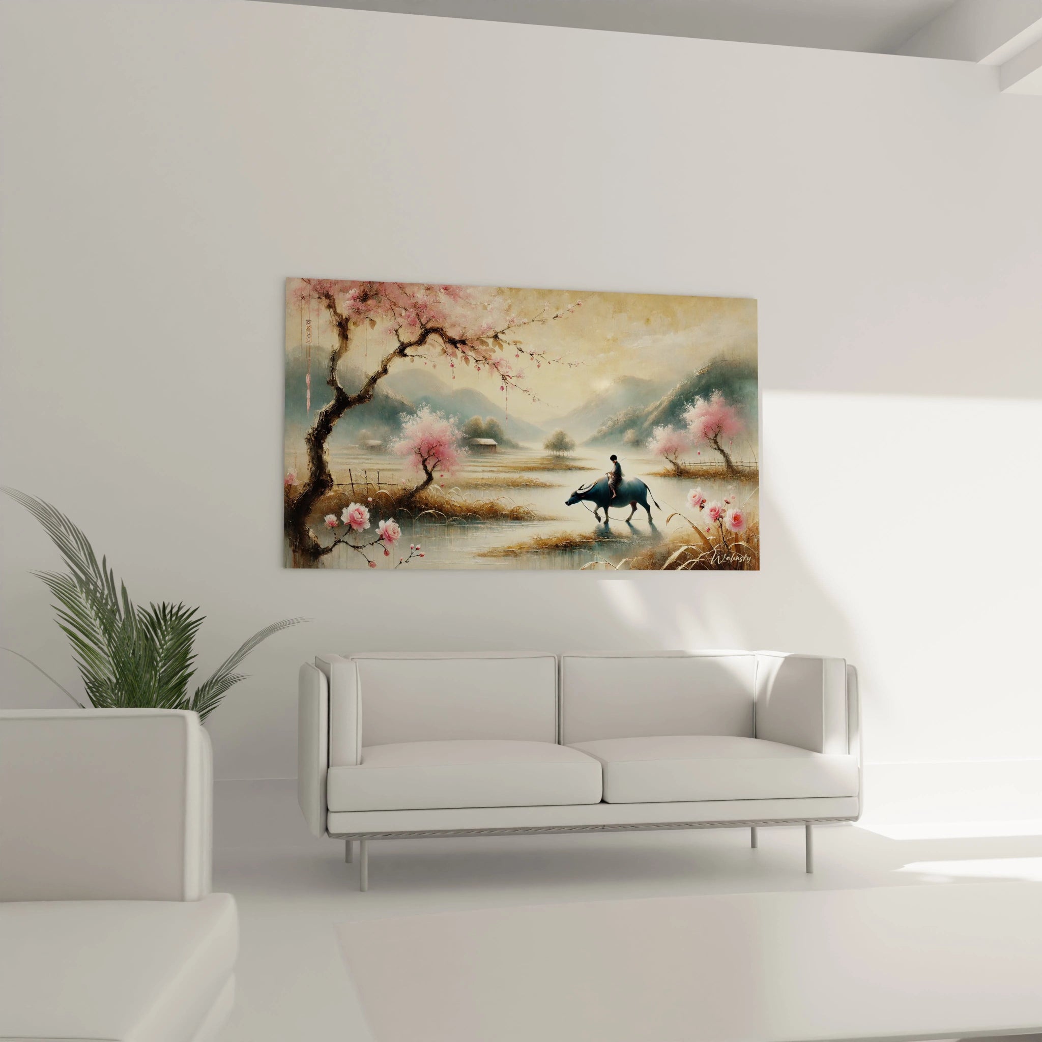 tableau peinture chinoise au-dessus d’un canape dans un salon elegant avec fleurs roses et collines harmonieuses