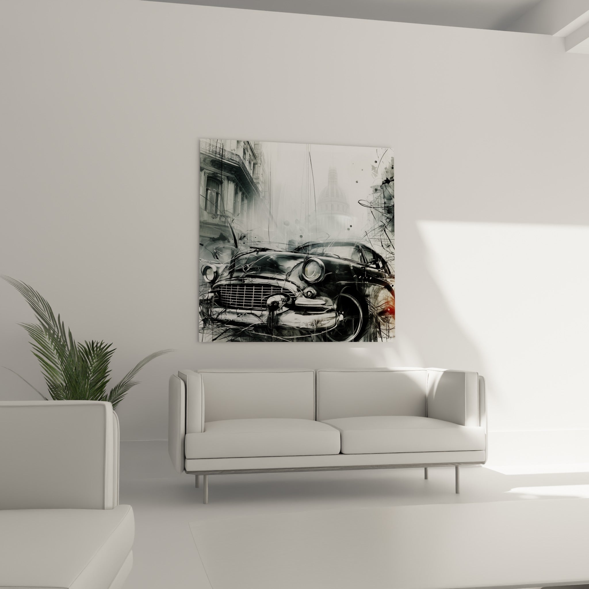 Automobile rétro noire aux reflets gris et argentés, au-dessus d'un canapé dans un salon lumineux