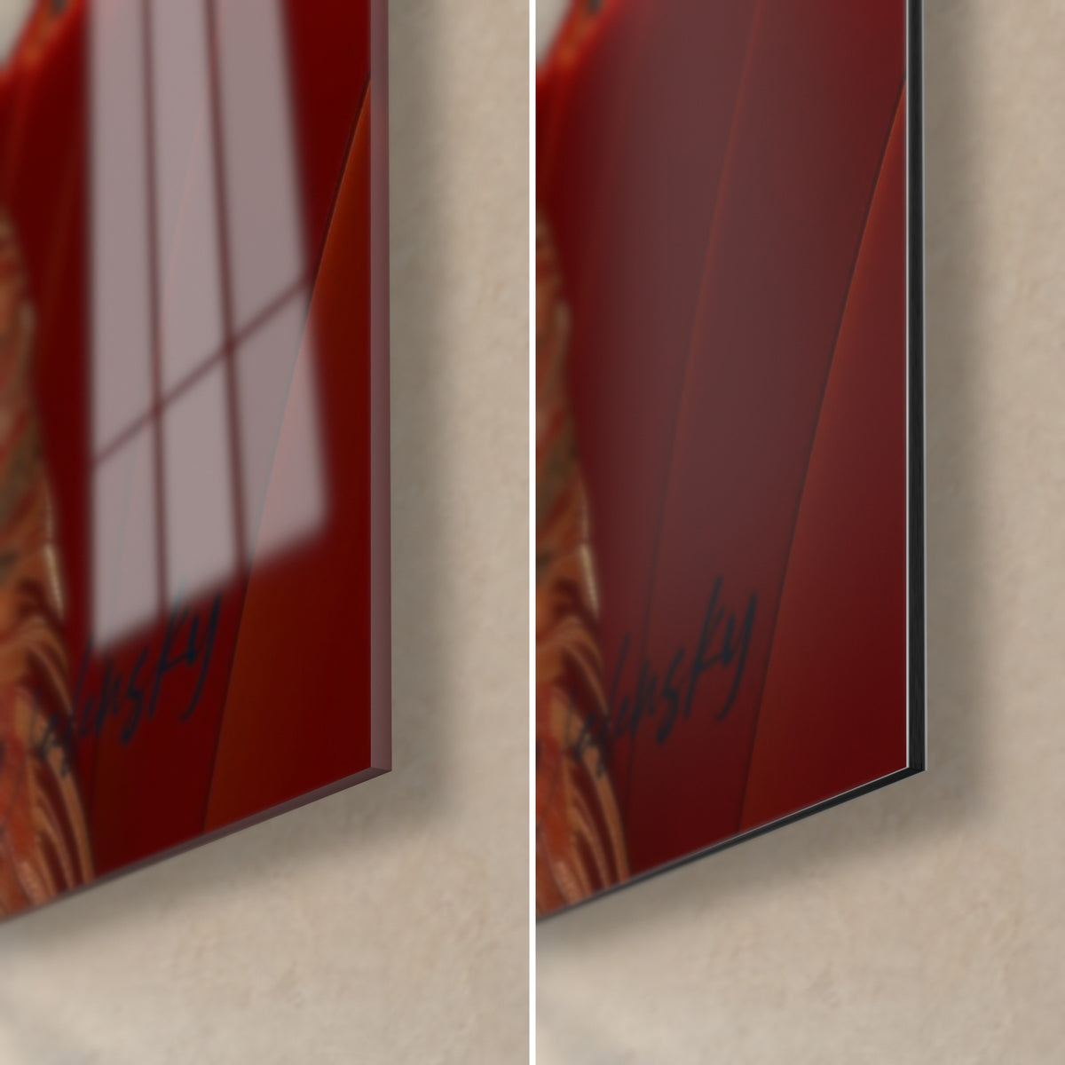 Tableau deux femmes en kimonos bleu et rouge, coin bas droit en verre acrylique brillant reflétant la fenêtre et alu Dibond mat, tranche 3 mm