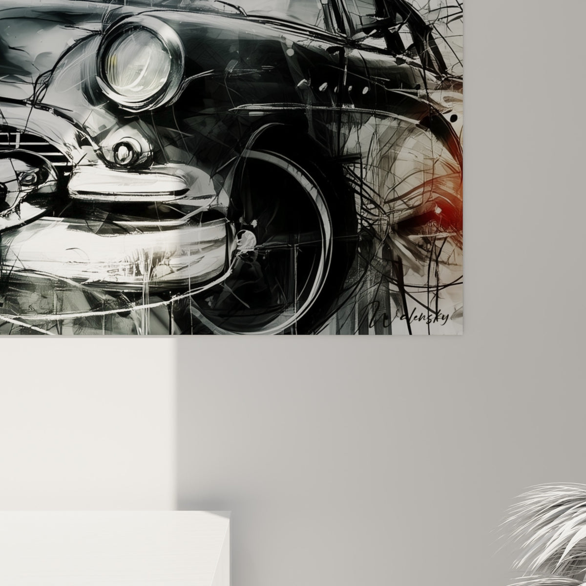 Détail de la calandre chromée noire et grise avec coulures d'encre et touche rouge orangé visible sur la toile