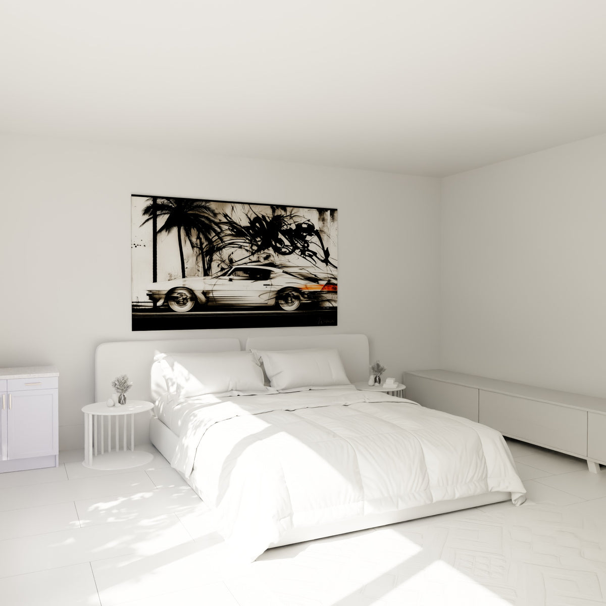 Carrosserie blanche et palmiers noirs stylisés au-dessus d'un lit dans une chambre claire