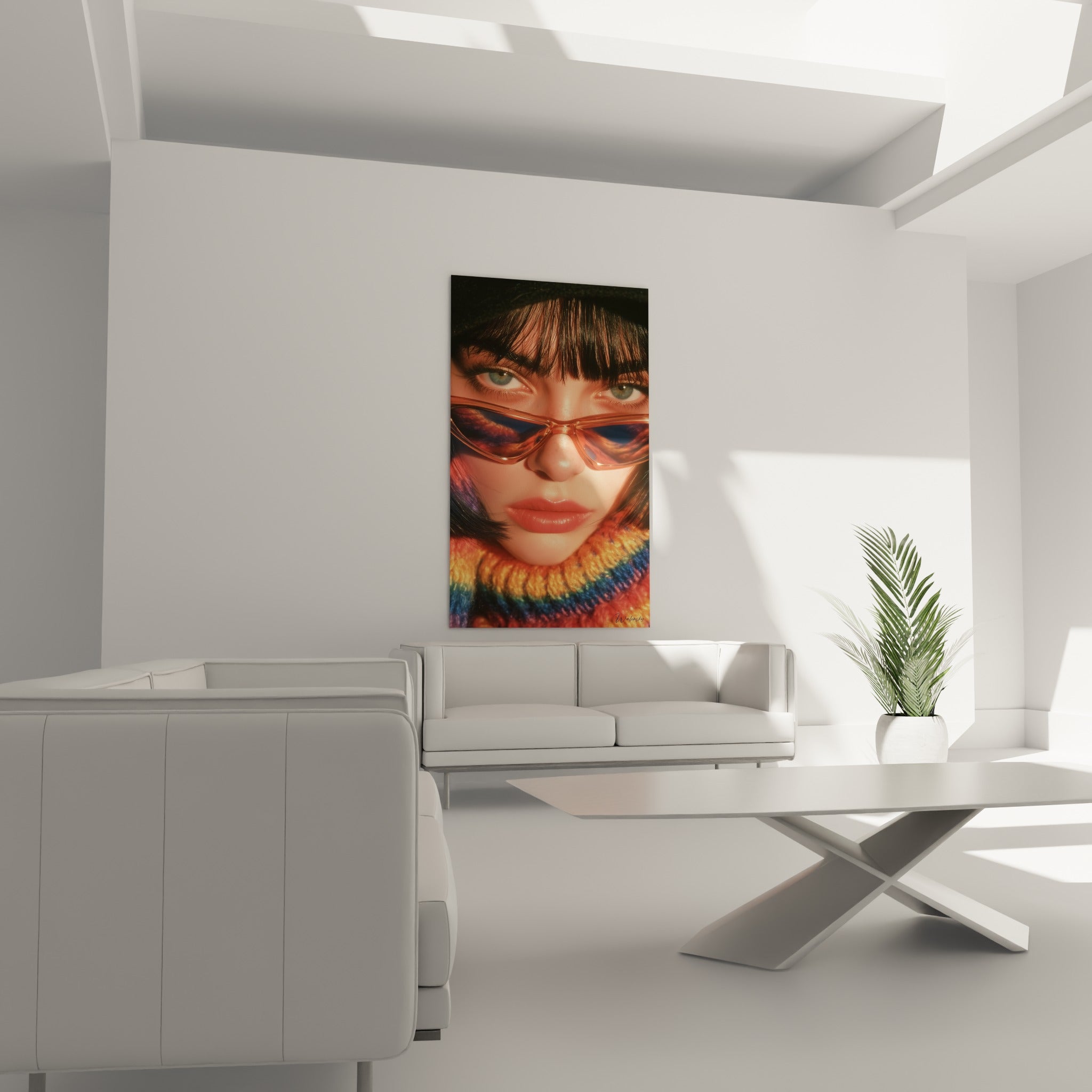 Lèvres roses et écharpe orange vif animent ce portrait rétro, au-dessus d'un canapé dans un salon lumineux