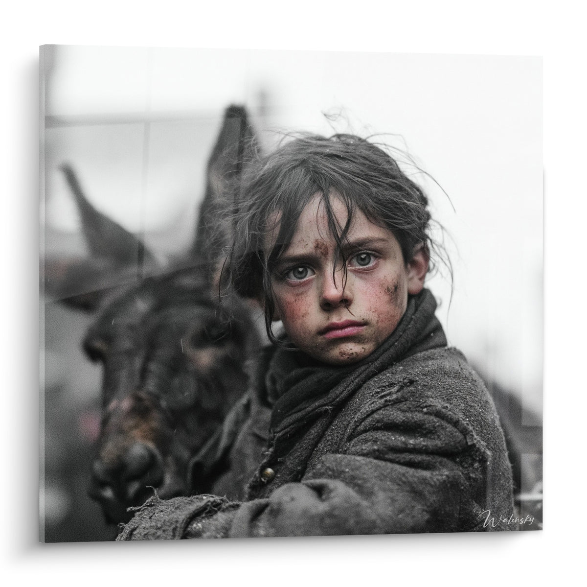 Enfant au visage sali, yeux gris perçants, veste anthracite, cheval brun flou en arrière-plan
