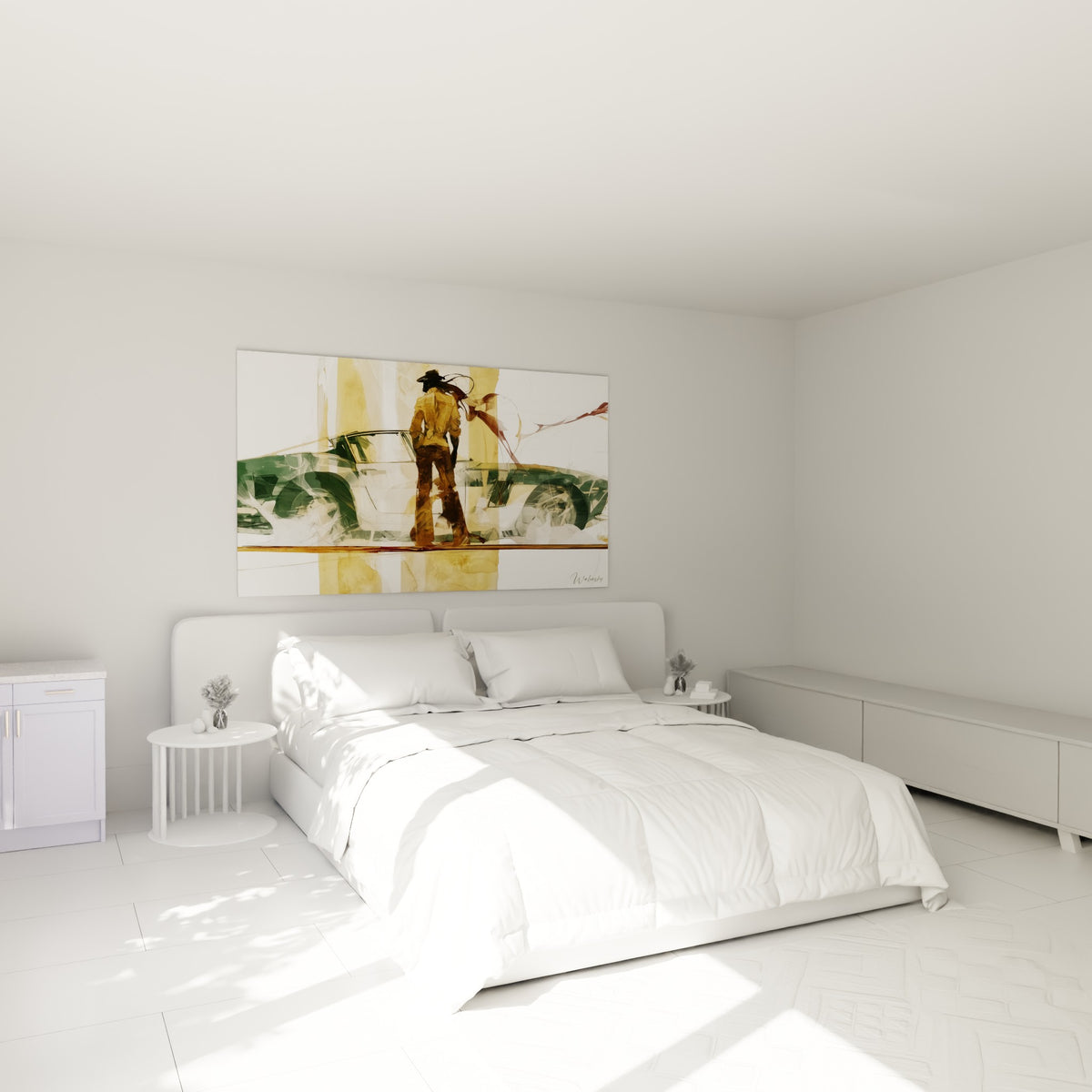 Homme en ocre devant une voiture verte anthracite, tableau accroché au-dessus d'un lit dans une chambre claire