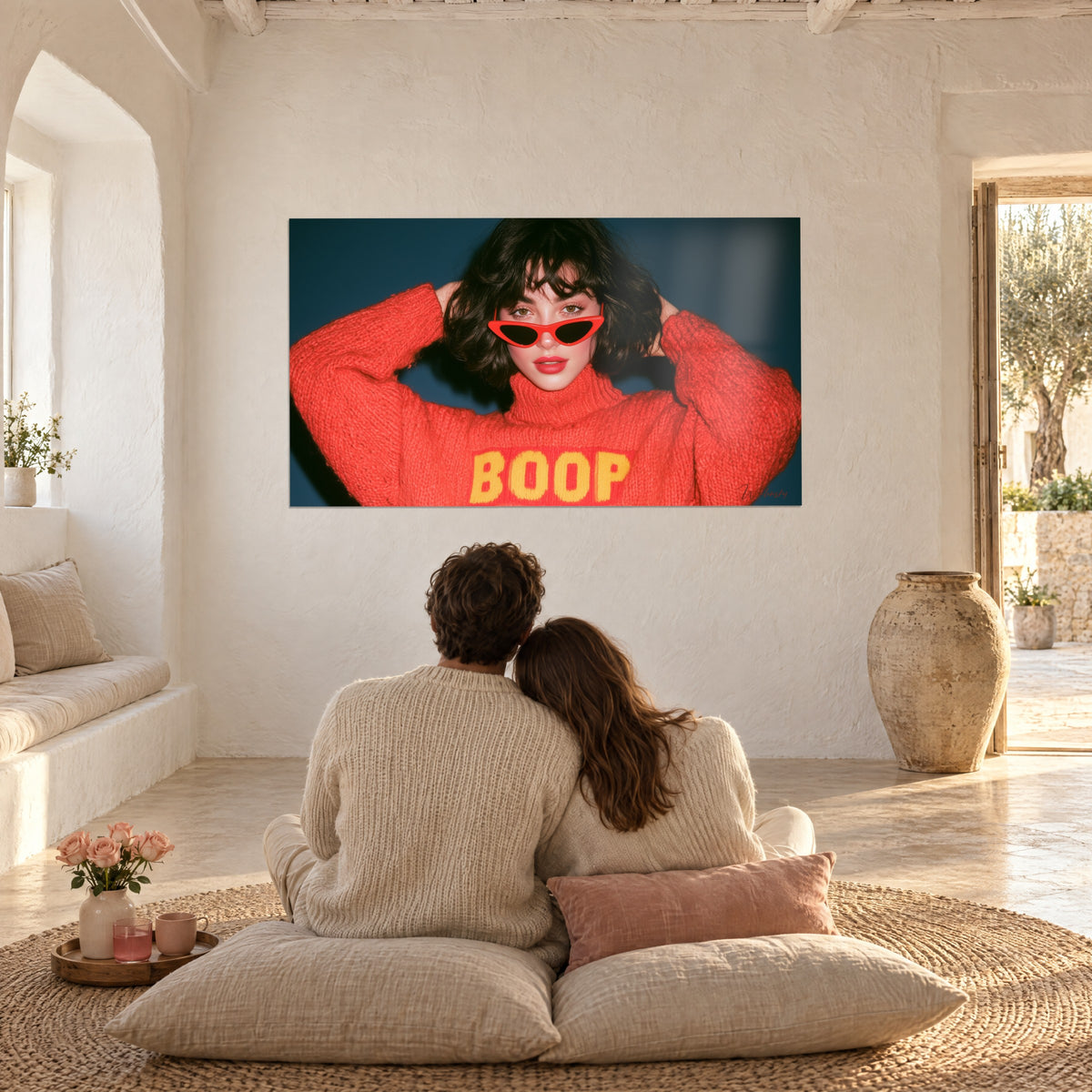 Wall art of a woman's face in red cat-eye glasses, coral and yellow sweater, petrol blue background, cream cushions, limewashed walls