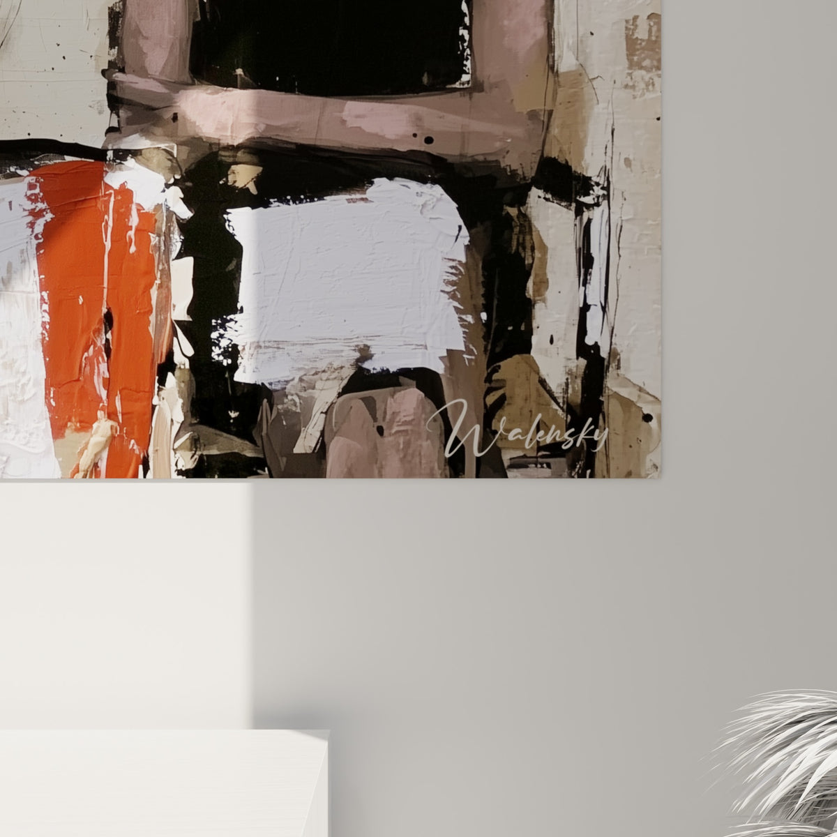 Empâtements rouges et blancs, grain du fond beige et coulures noires visibles sur la toile accrochée