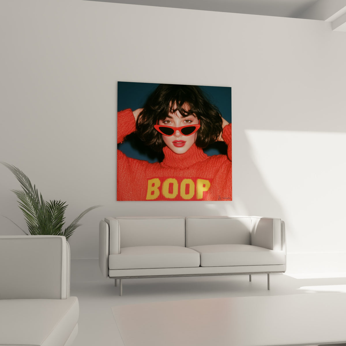 Sujet aux tons orange et bleu anthracite affiché au-dessus d'un canapé dans un salon lumineux