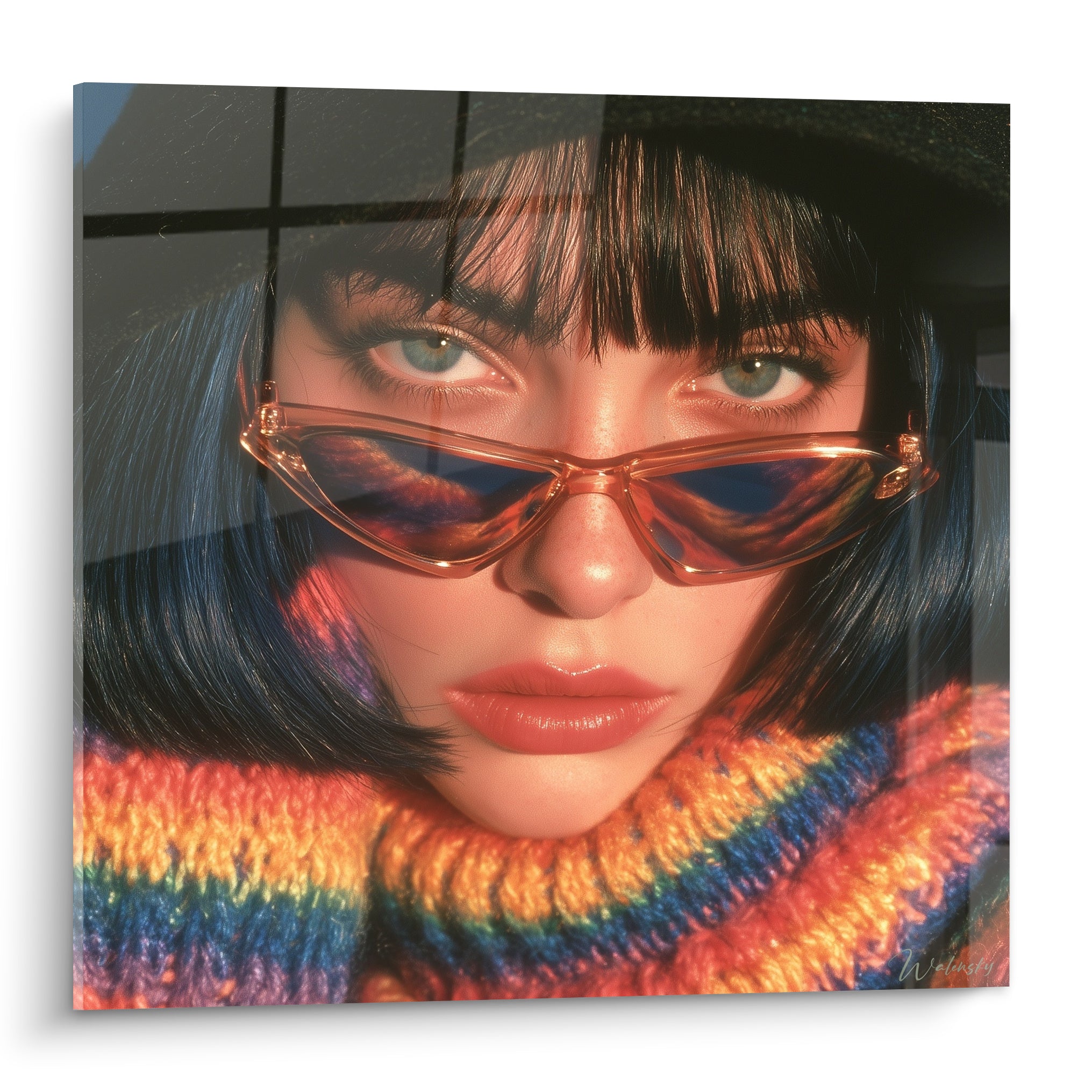 Portrait rétro d'une femme aux lunettes ambrées et pull multicolore orange et bleu marine