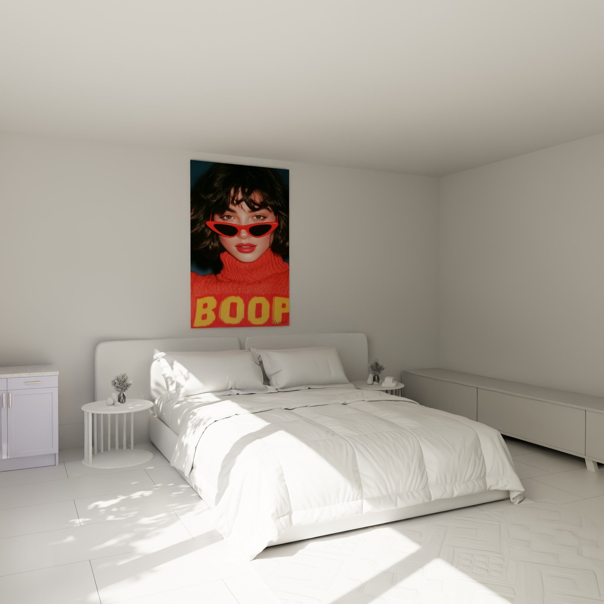 Regard captivant aux lunettes rouges et pull orange BOOP, accroché au-dessus d'un lit dans une chambre claire