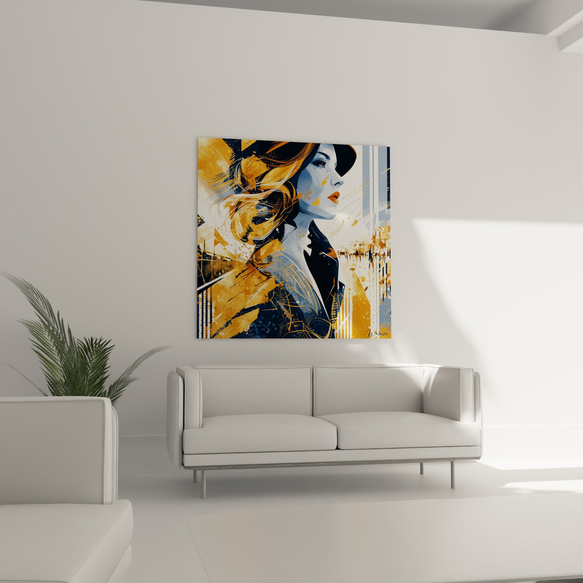 Portrait stylisé ocre et bleu marine accroché au-dessus d'un canapé dans un salon lumineux