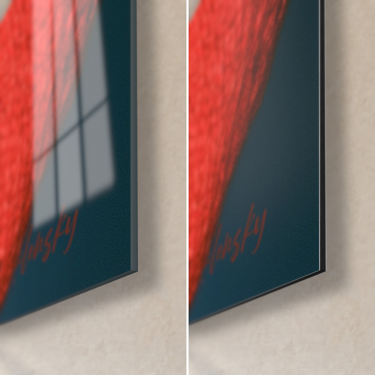 Wall art of a brunette in red glasses, bottom right corner: glossy acrylic glass on the left, matte brushed Dibond aluminium on the right, 3 mm edge