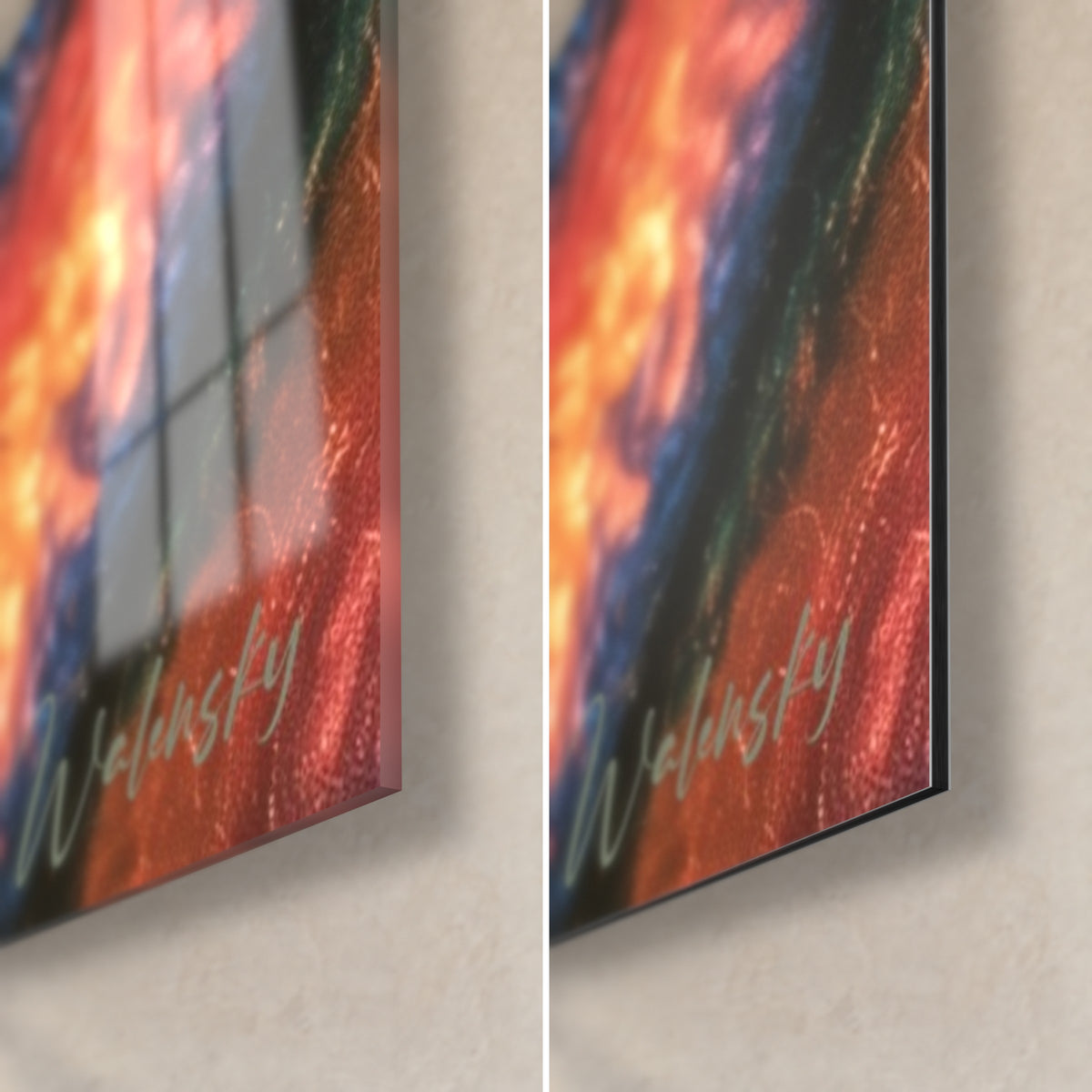 Wall art woman with rose-copper glasses, bottom right corner: glossy acrylic glass on the left, matte Dibond aluminium on the right, 3 mm edge