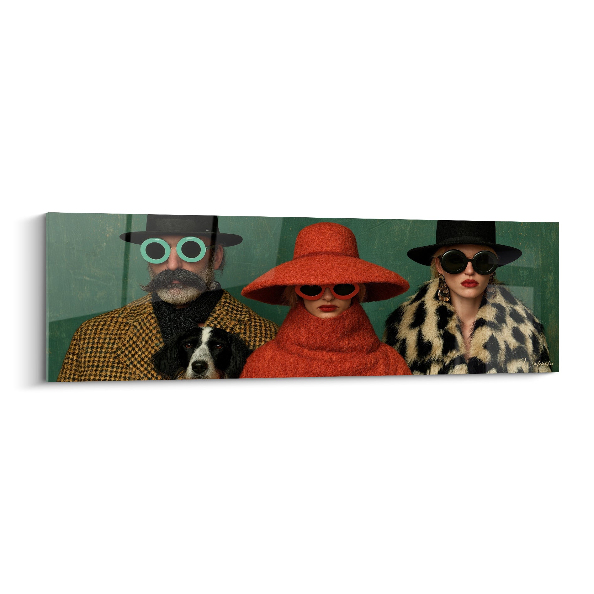 Trois personnages en chapeaux noirs et lunettes teintées, tableau rétro fond vert anthracite et roux