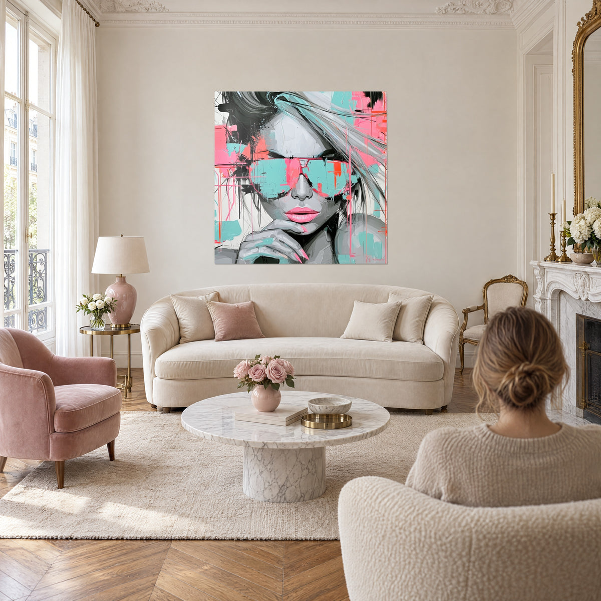 Quadro ritratto di donna con occhiali turchesi, labbra rosa, ciocche grigie, sopra un divano in un soggiorno luminoso