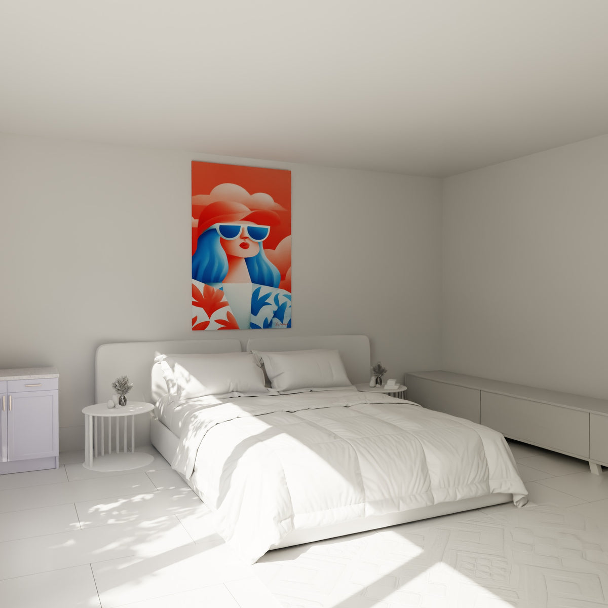 Silhouette bleu marine et corail aux lunettes opaques, au-dessus d'un lit dans une chambre claire