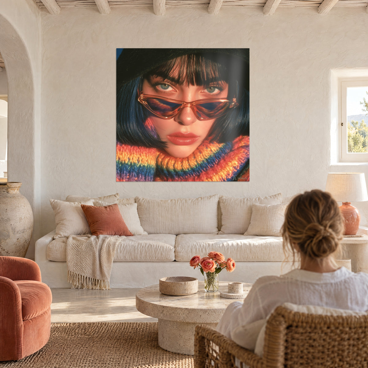 Cuadro retrato retro de una mujer con gafas de sol cobrizas y cuello arcoíris, sobre un sofá en un salón luminoso