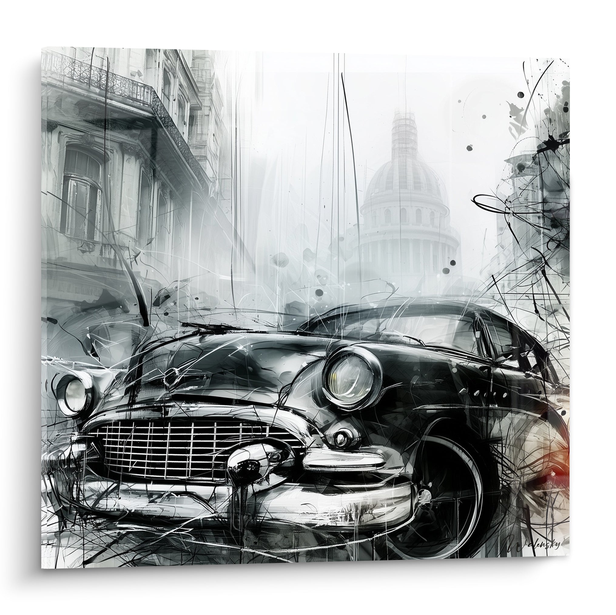 Voiture ancienne noire et grise aux phares ronds devant un dôme dans une brume graphique