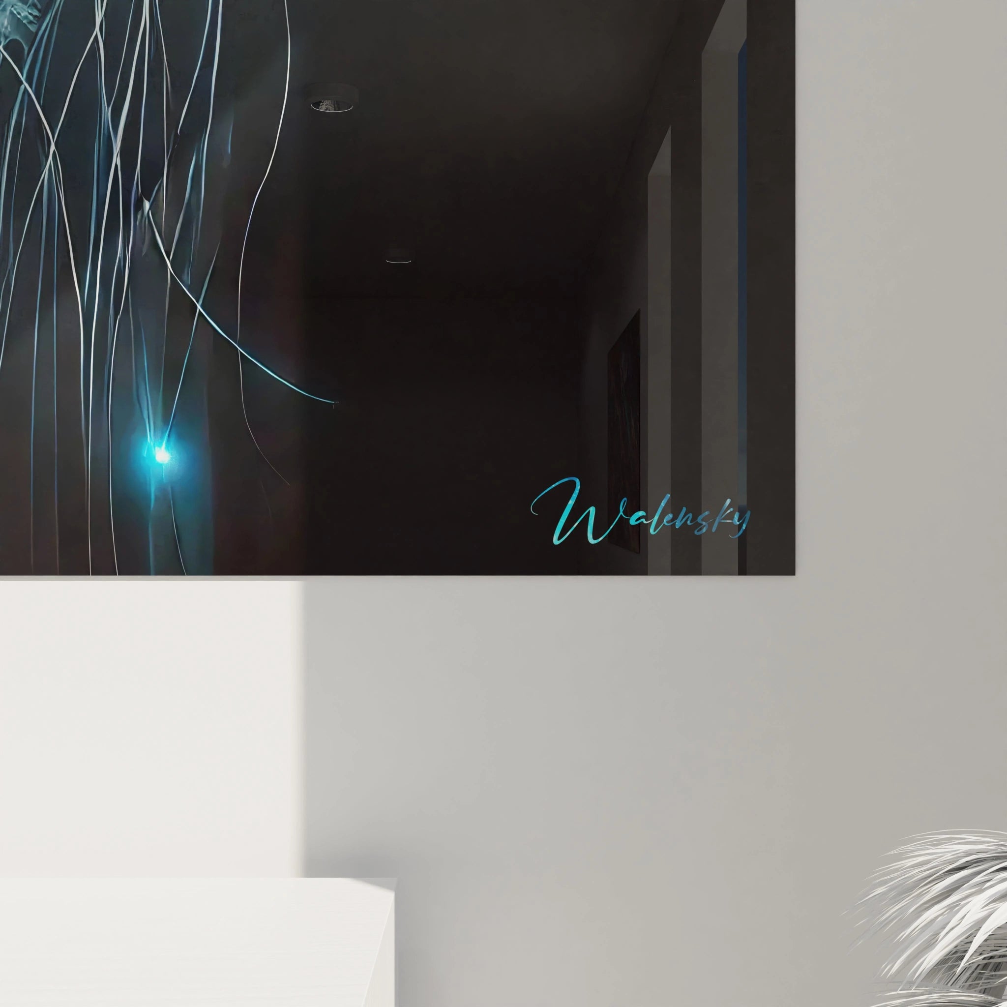 Cette vue rapprochée du tableau méduse dévoile ses textures délicates. Les nuances de bleu et les reflets lumineux capturent l'essence d'une beauté énigmatique sous-marine.