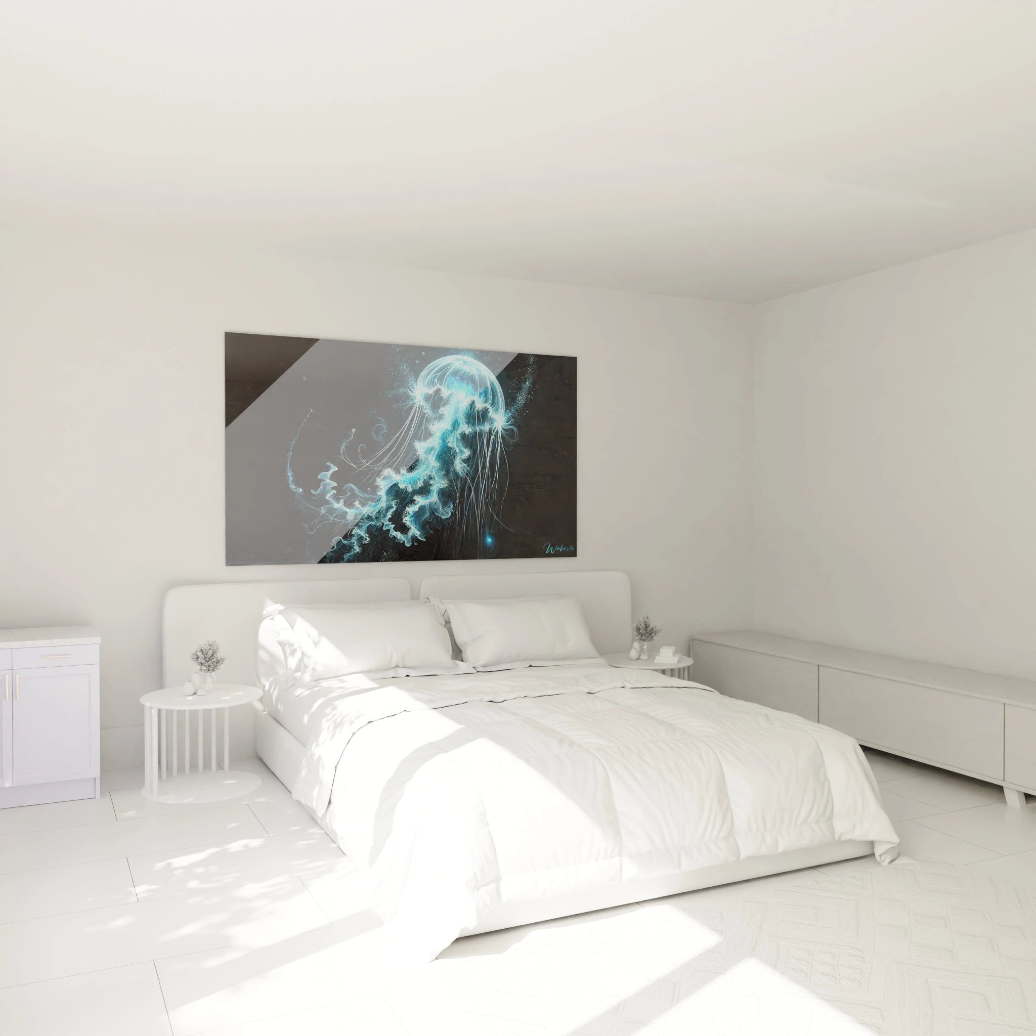 Accroché au-dessus du lit, ce tableau méduse illumine la chambre avec ses reflets apaisants. Ses couleurs vibrantes apportent une touche moderne et intrigante à votre espace.