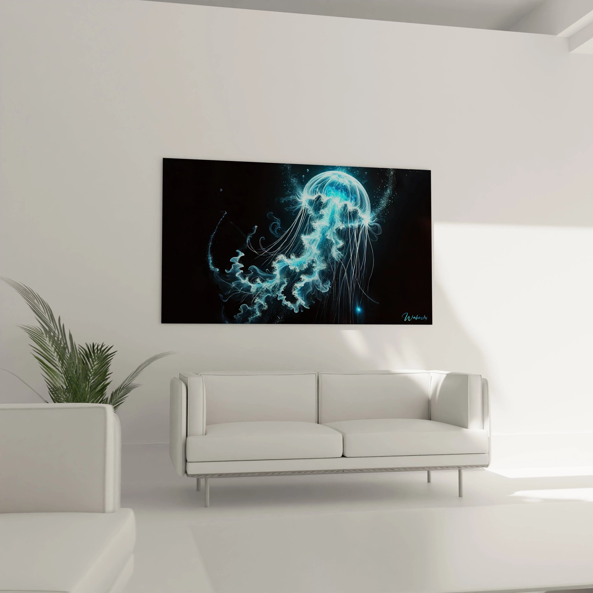 Dans le salon, le tableau méduse devient une pièce maîtresse au-dessus du canapé. Son jeu de lumière et ses courbes fluides éveillent l’intérêt, offrant une ambiance cosmique.