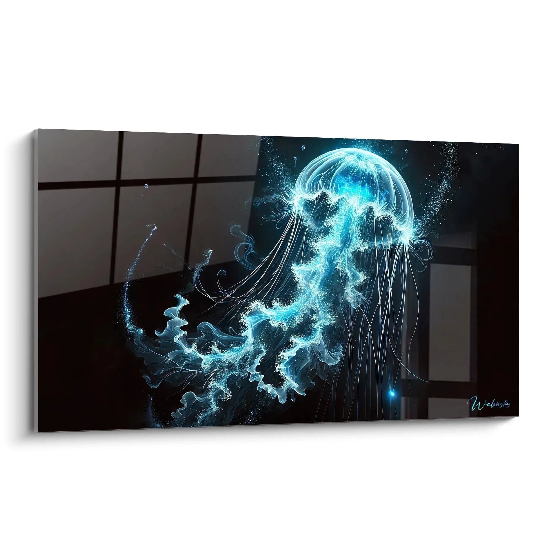 Ce tableau méduse offre une perspective unique, révélant ses nuances lumineuses. Les couleurs vibrantes de la méduse contrastent avec l'obscurité, créant une aura mystérieuse.