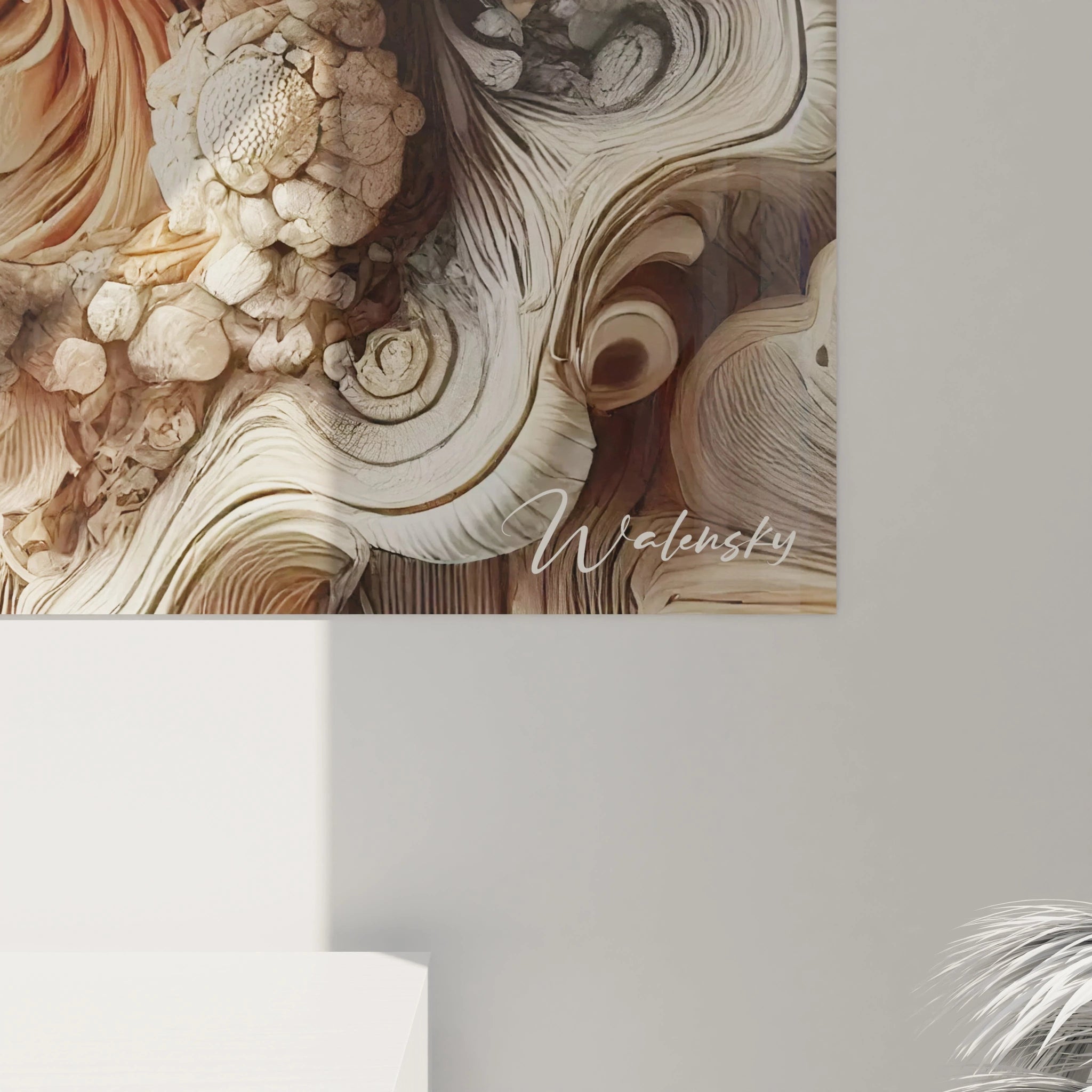 Vue rapprochée d'un angle en bas à droite d'un tableau Nature en verre acrylique - Détails de qualité exceptionnelle - Art mural géant avec finition parfaite - Décoration murale naturelle - Matériaux de haute qualité et design écologique