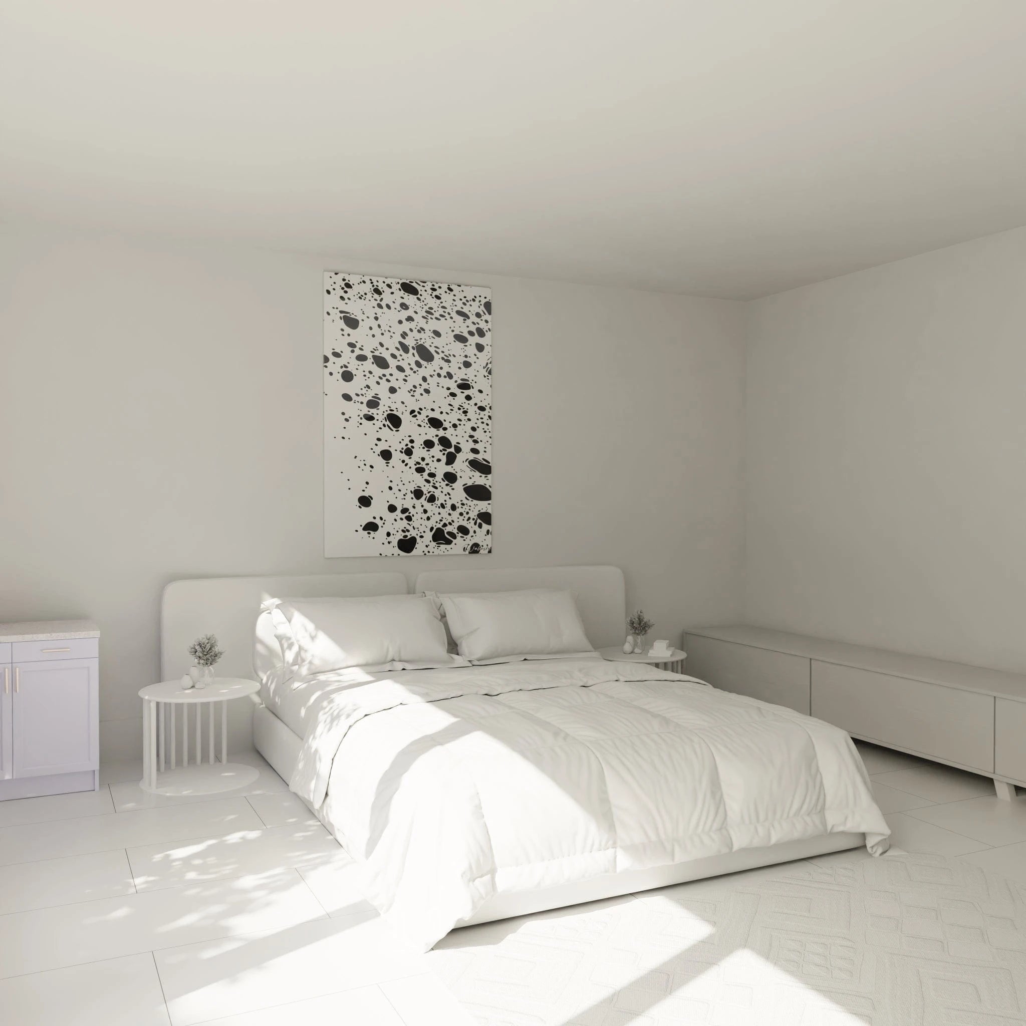 Tableau tacheté noir et blanc de Walensky décorant une chambre minimaliste moderne