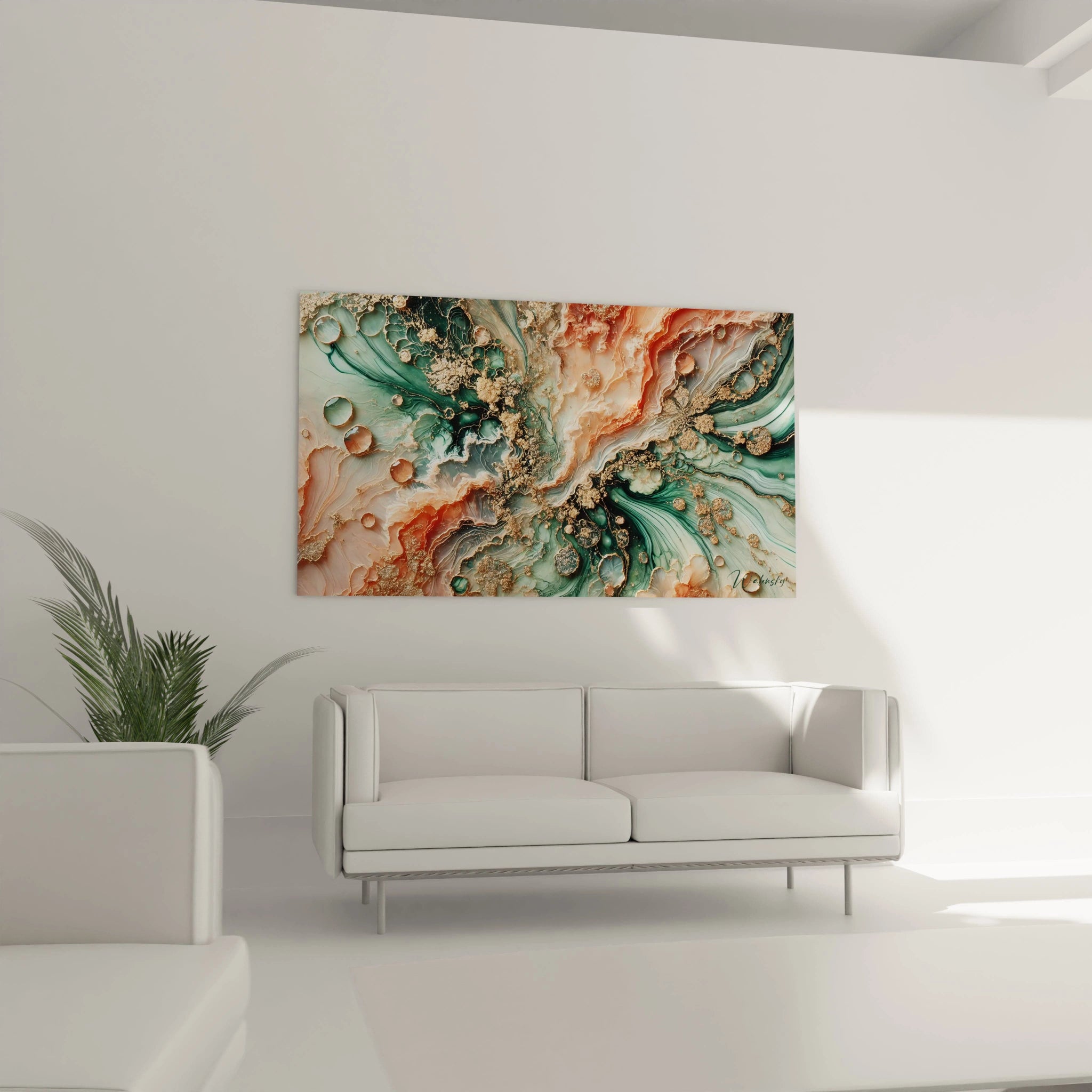 Dans le salon, ce tableau style epoxy crée un point focal captivant. Les teintes vives de l'orange et du vert, avec des touches d'or, apportent une dynamique naturelle au décor moderne.