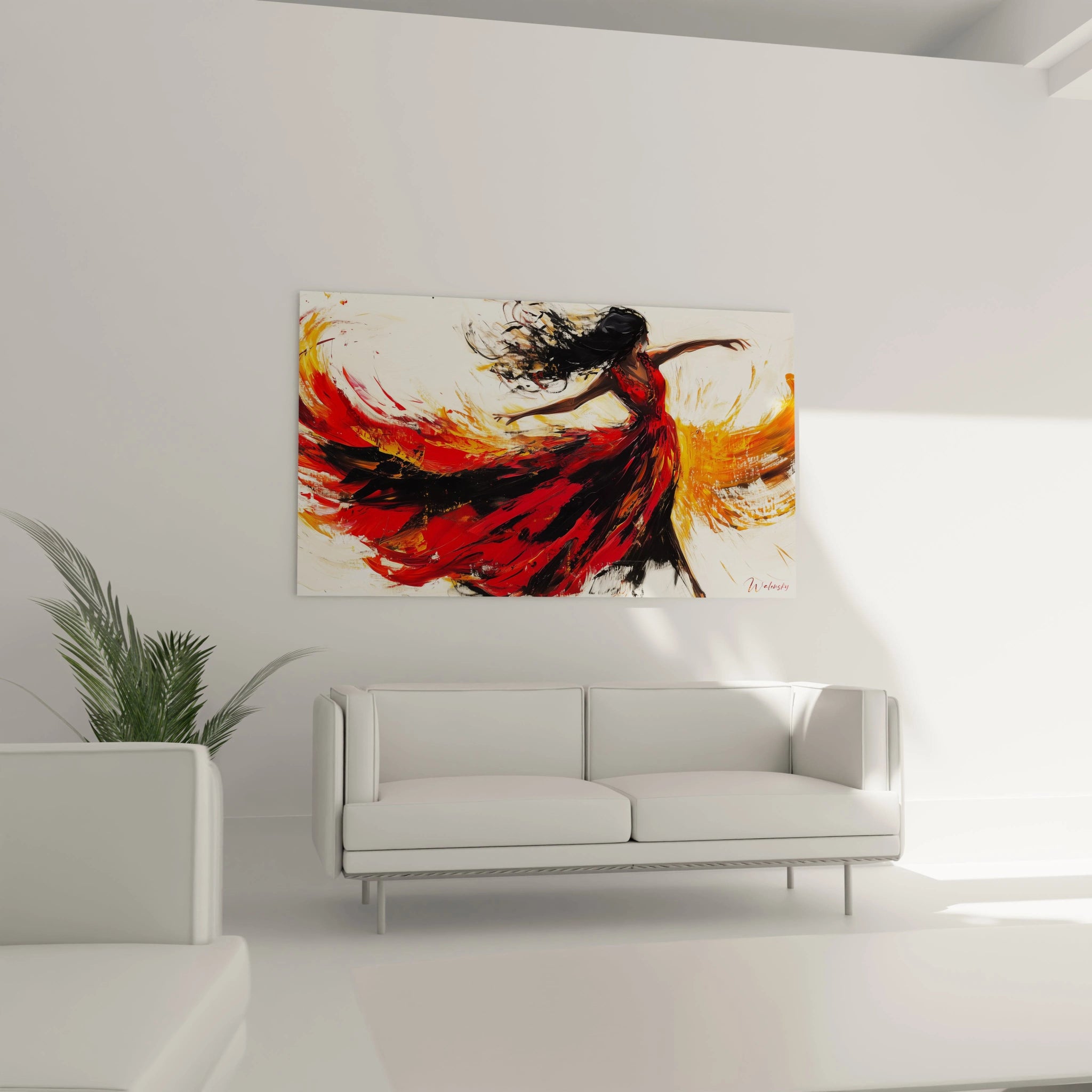 Tableau abstrait d'une danseuse en rouge, créant une ambiance artistique dans un salon moderne